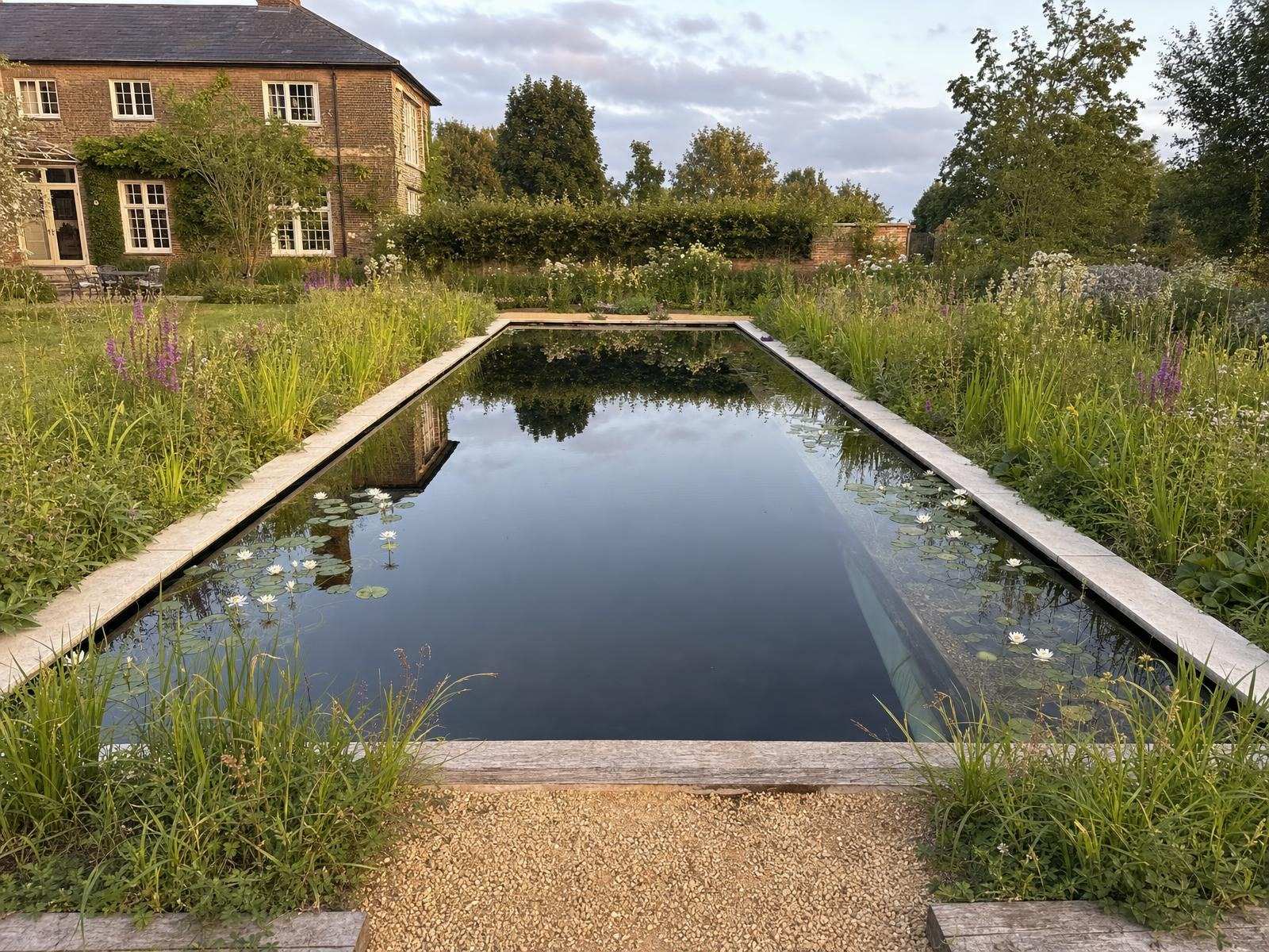 Contemporary timber and glass house beside a dark living pool