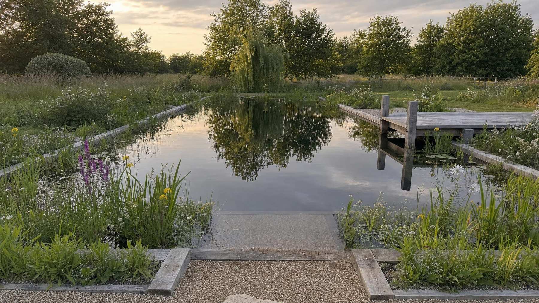 Living pool seen from above, with a stone terrace and loungers alongside