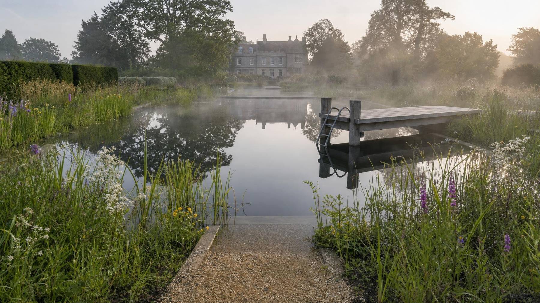 A swimming pond at dawn, with an oak jetty reaching out over dark water and a manor house beyond