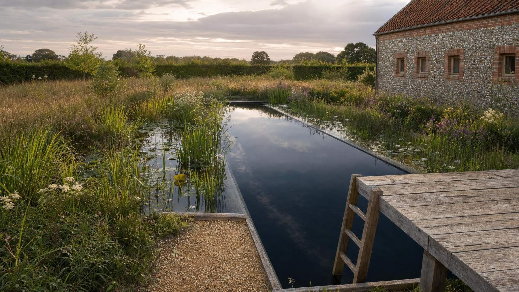 Living pool on a misty morning