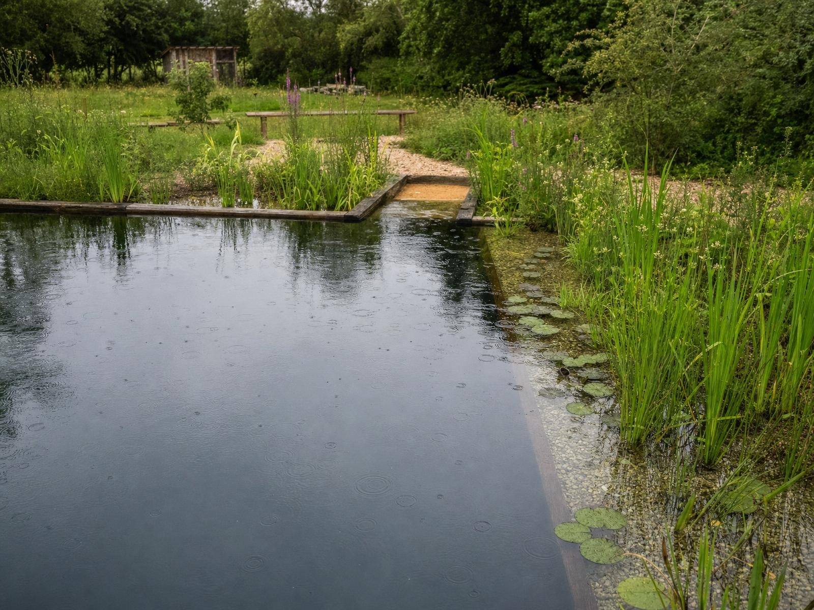Yellow flag irises and stepping stones at the edge of a wildlife pond