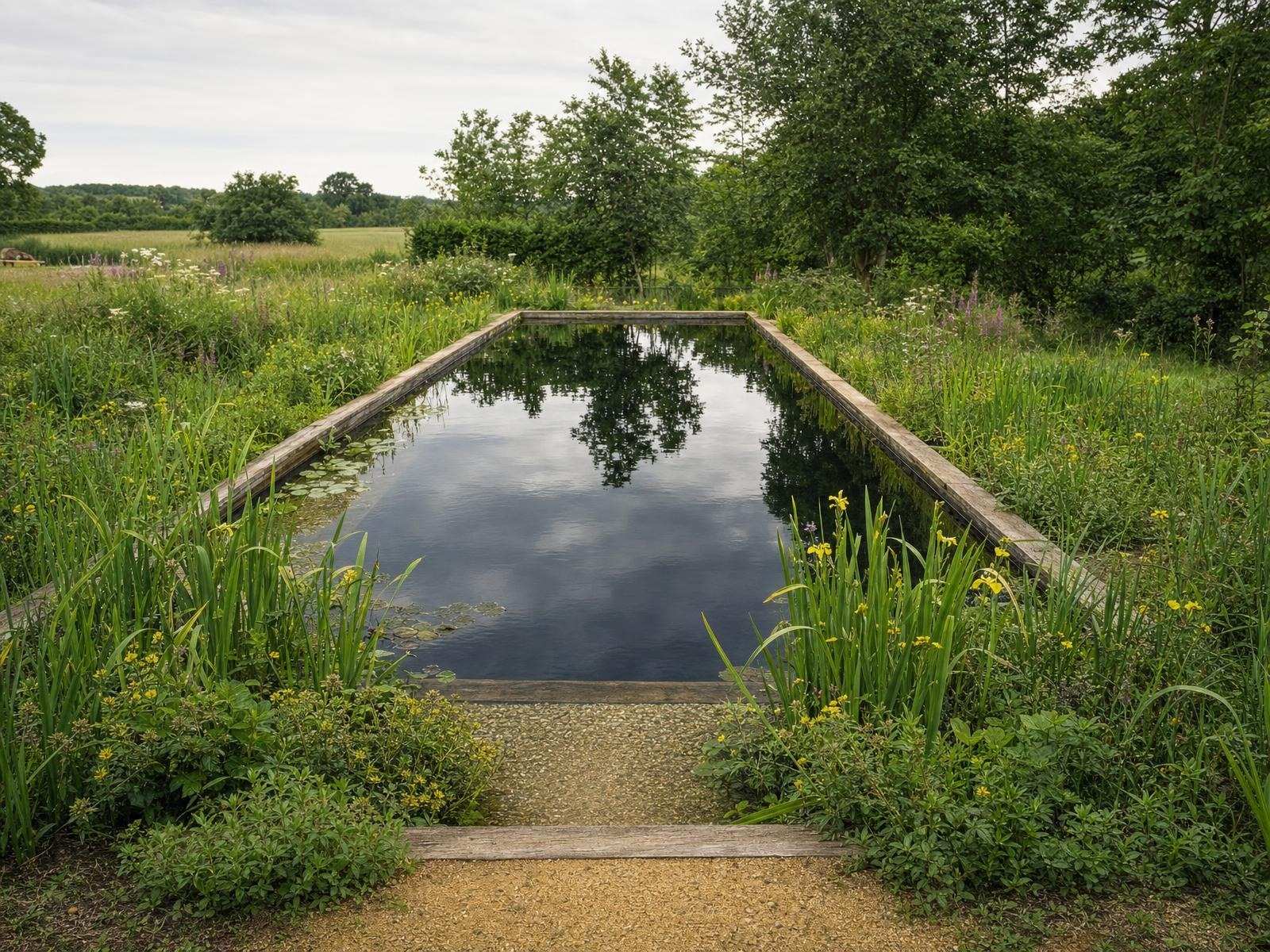 Fresh spring growth at the planted edge of a natural swimming pool