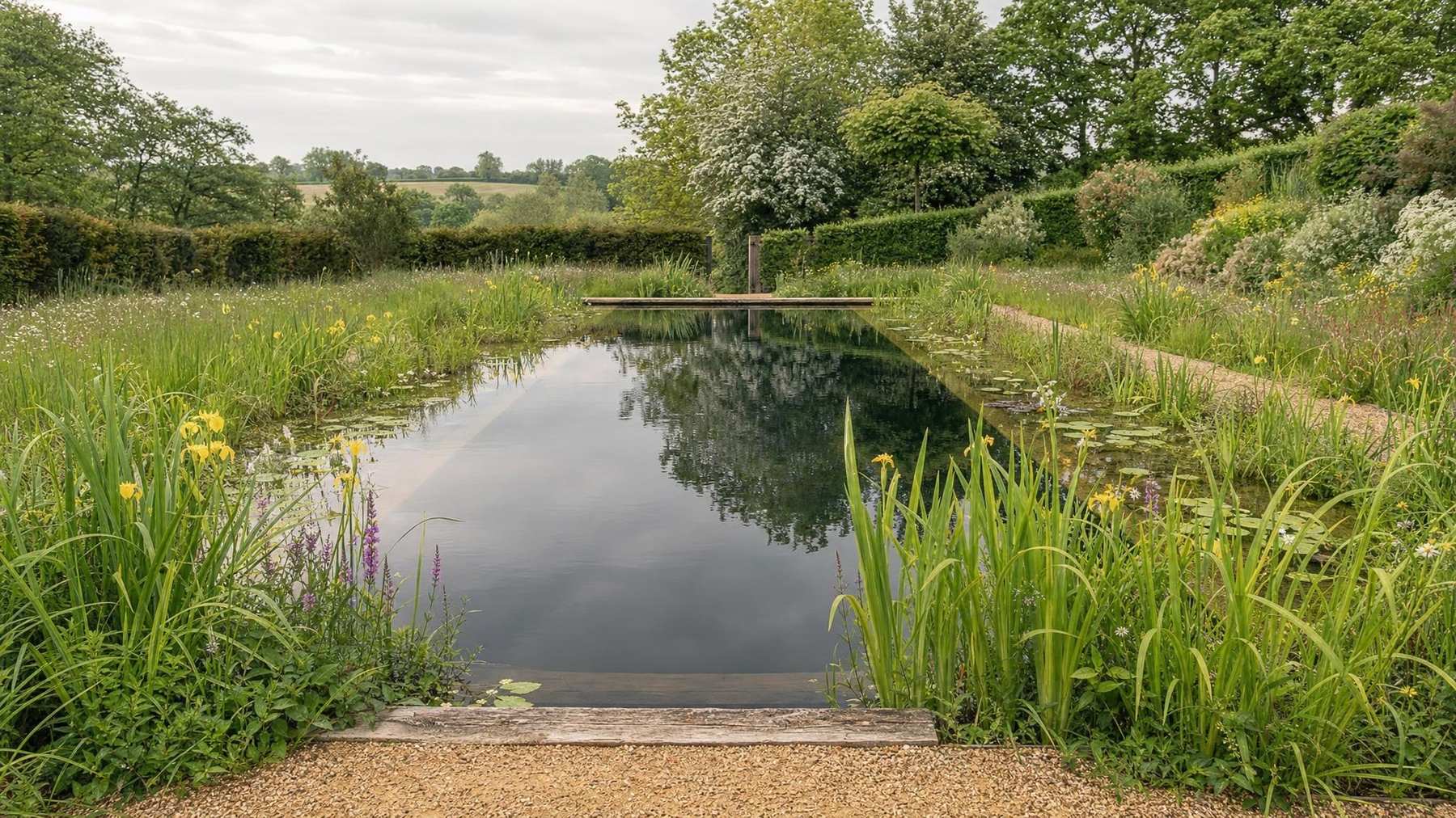 Yellow flag irises and stepping stones at the edge of a wildlife pond
