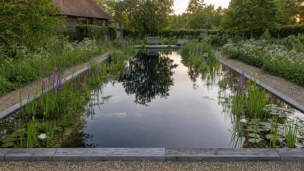 A finished natural swimming pool in an established garden