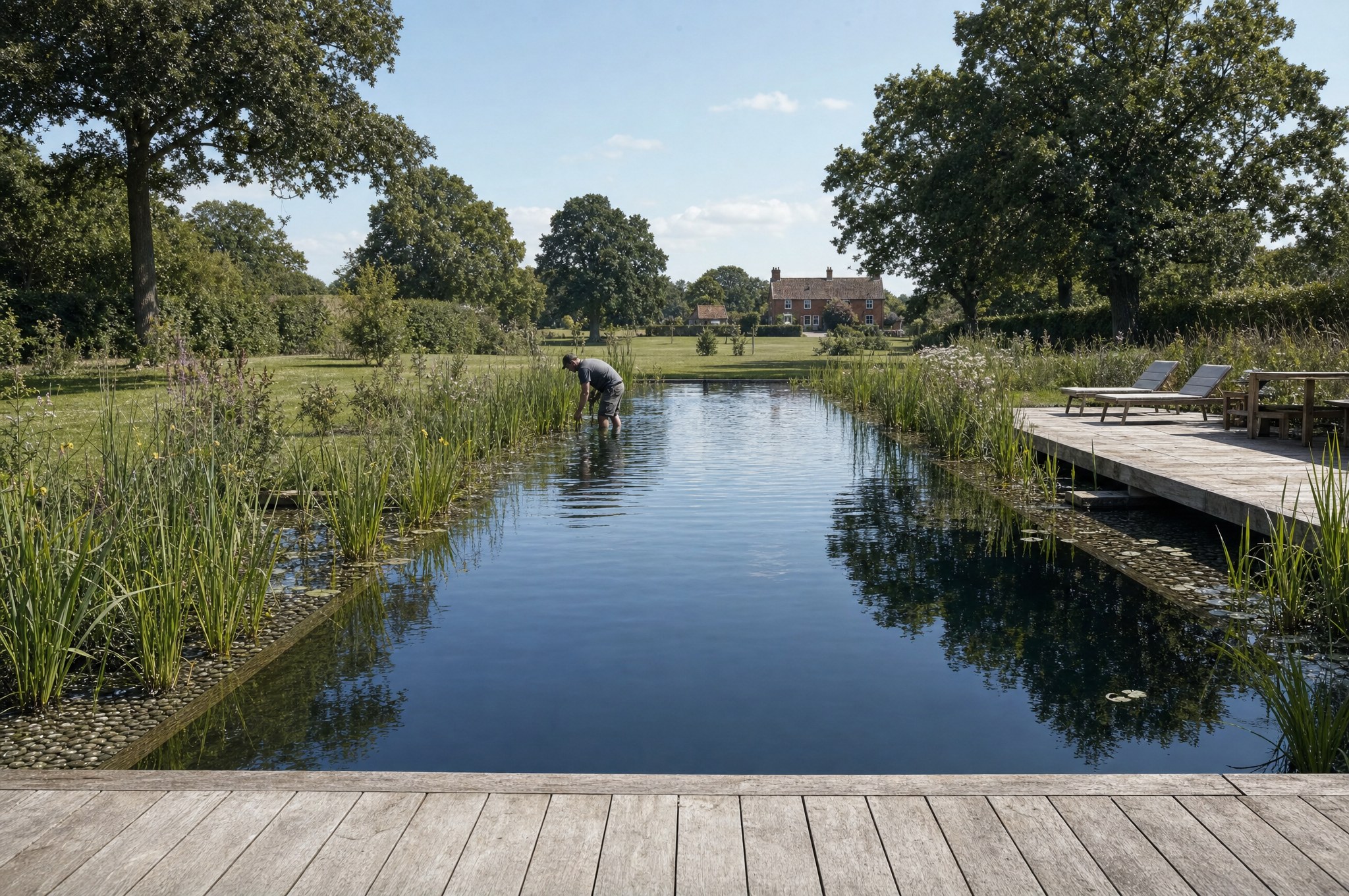 Checking the liner and submerged oak beam of a natural swimming pool in summer