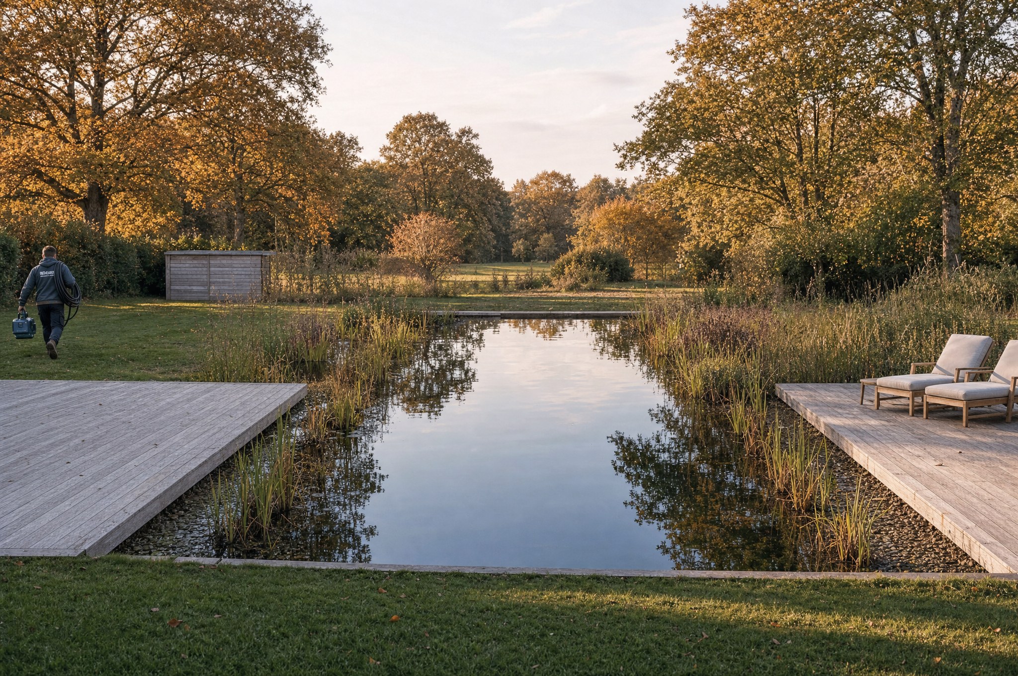 Autumn shutdown on a natural swimming pool, the air compressor being taken away for winter