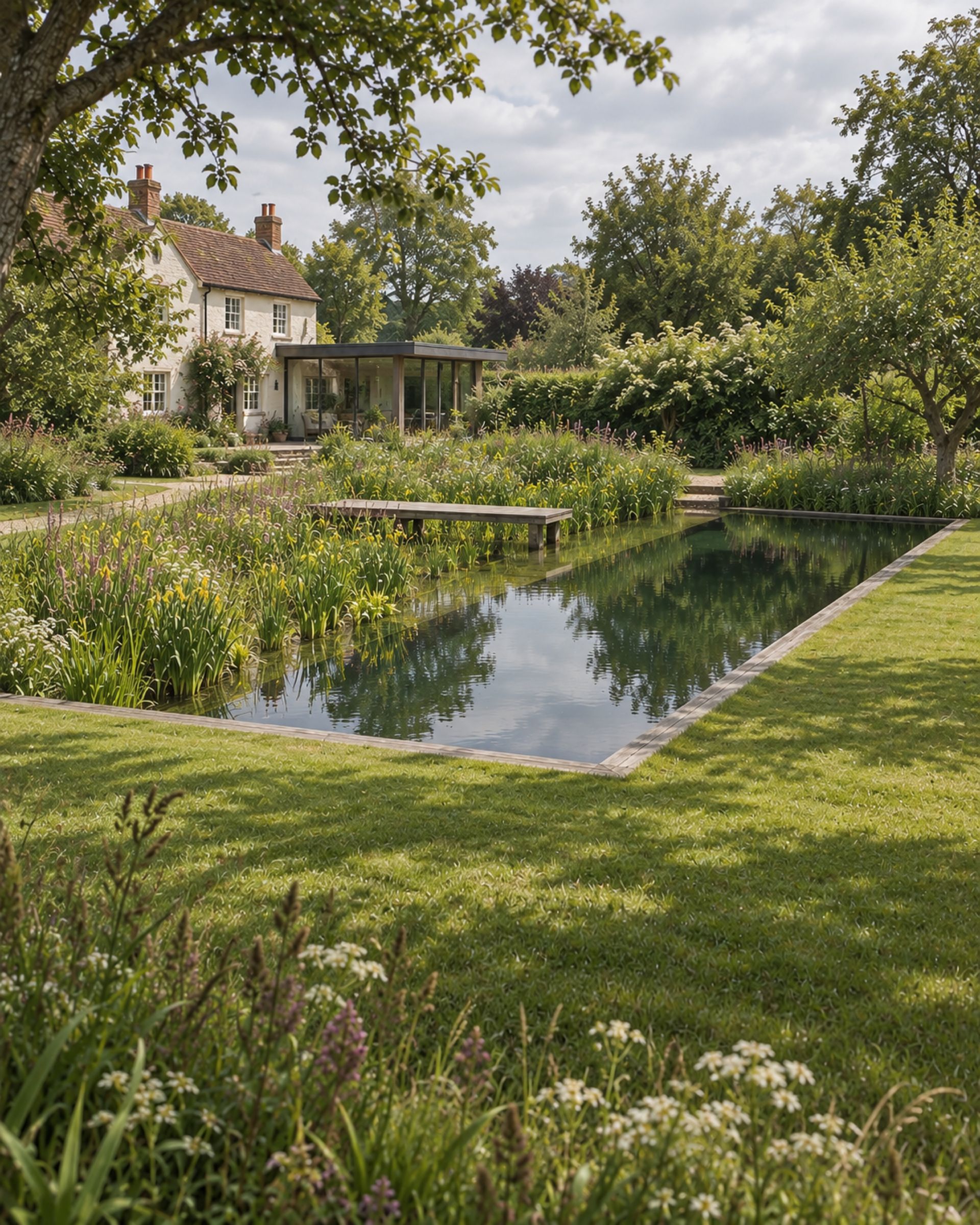 Natural pool design with a timber jetty and planted margins, a pale cottage and a wide sky beyond