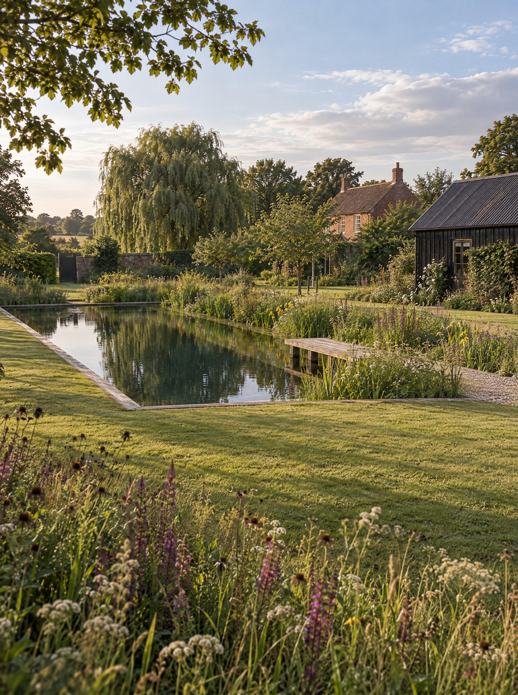 Natural pool design with a jetty and shingle path beside a black weatherboarded barn and weeping willow