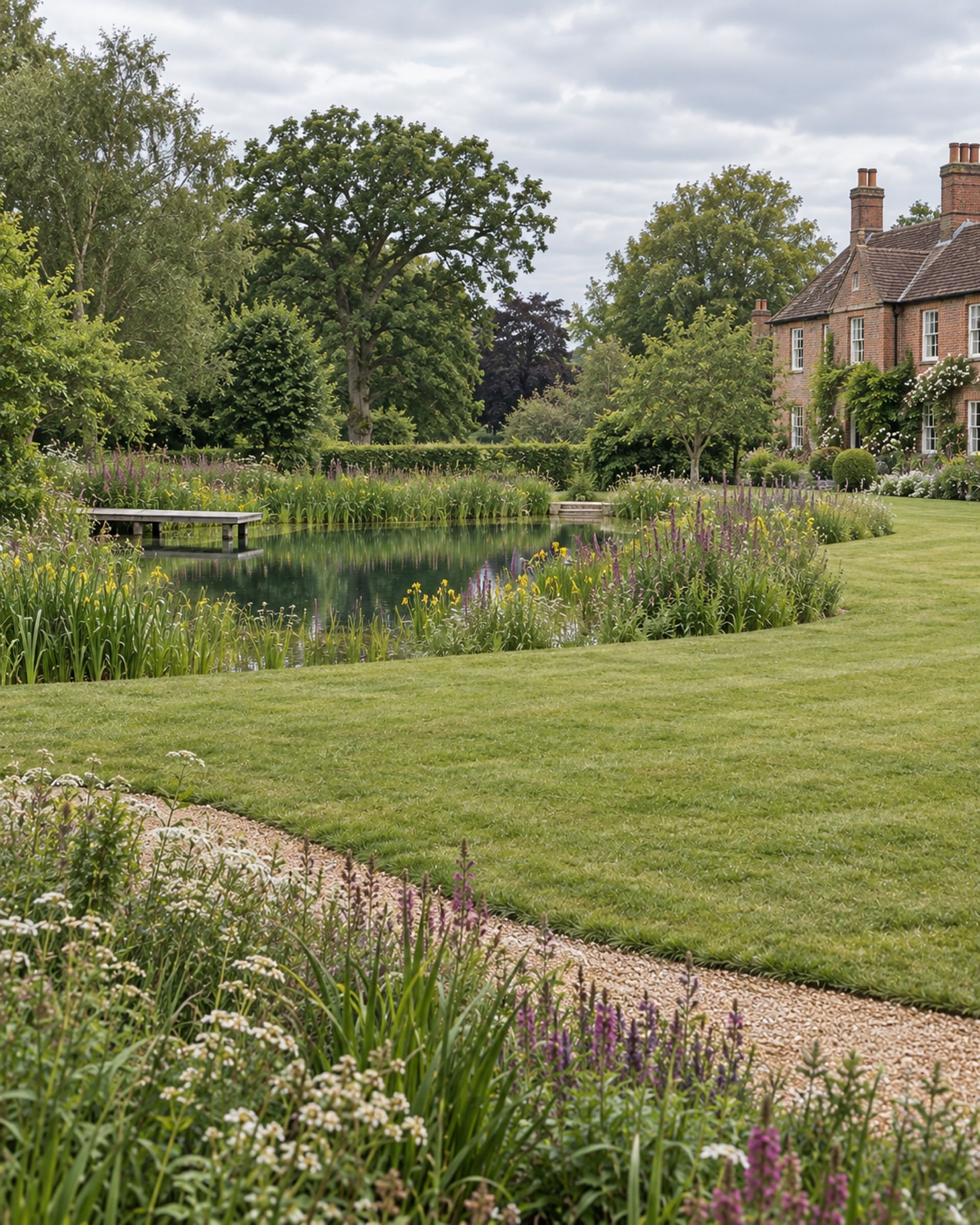 Dense marginal planting of reeds and water lilies