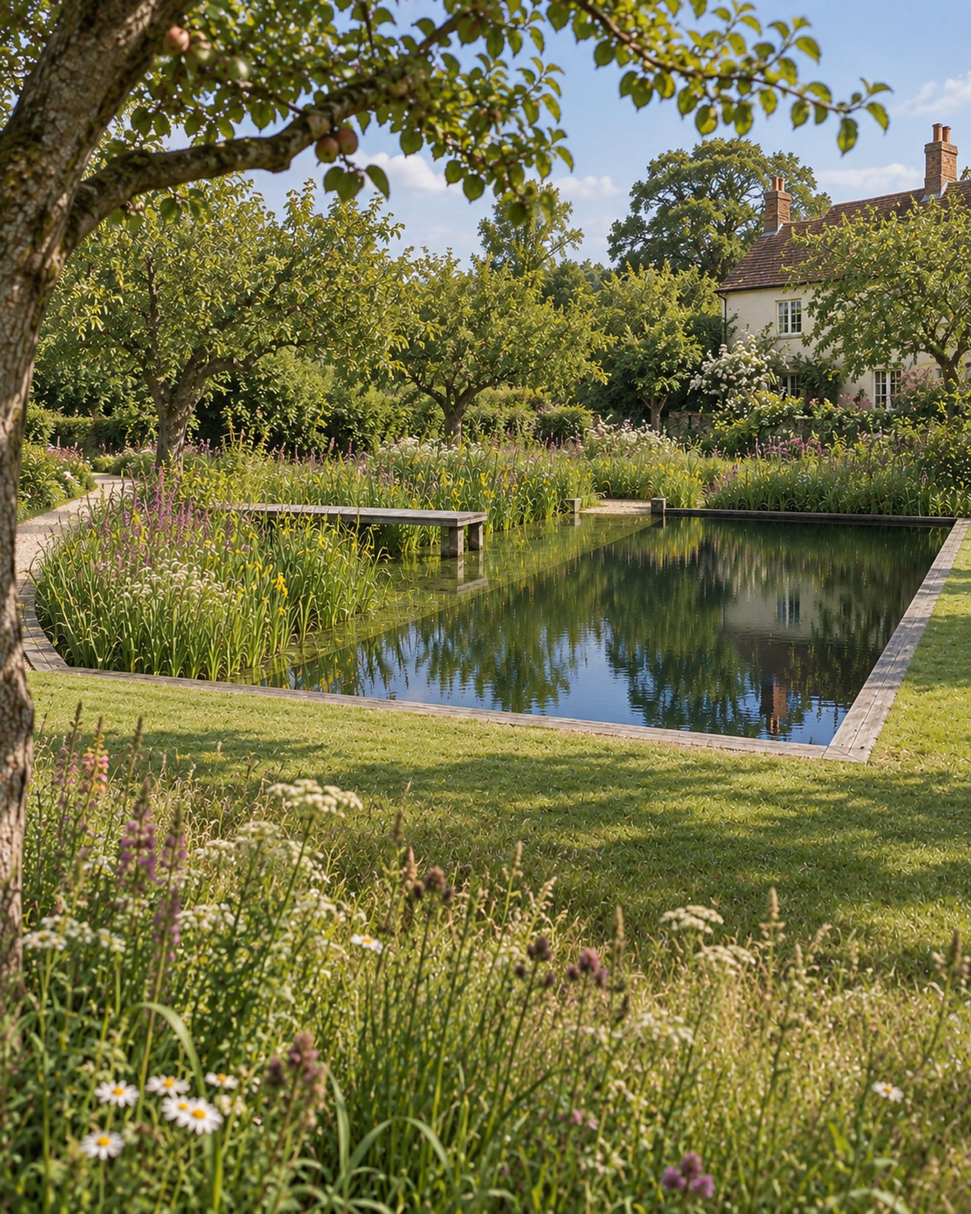 Natural pool with a gravel path and ornamental grasses beside a red brick manor