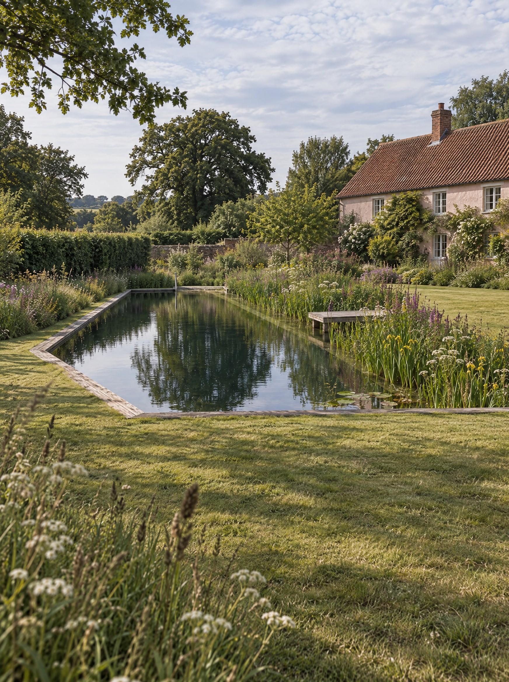 Formal swimming pool edged with stone coping