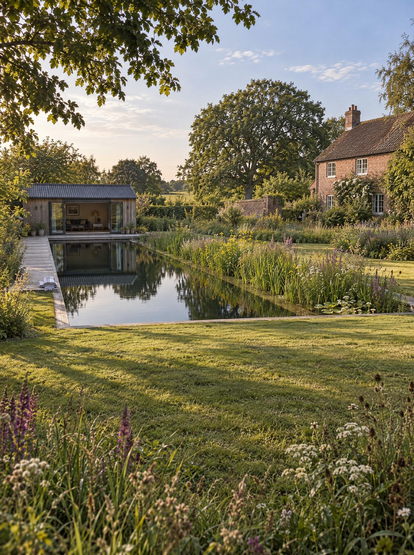 Formal swimming pool edged with stone coping
