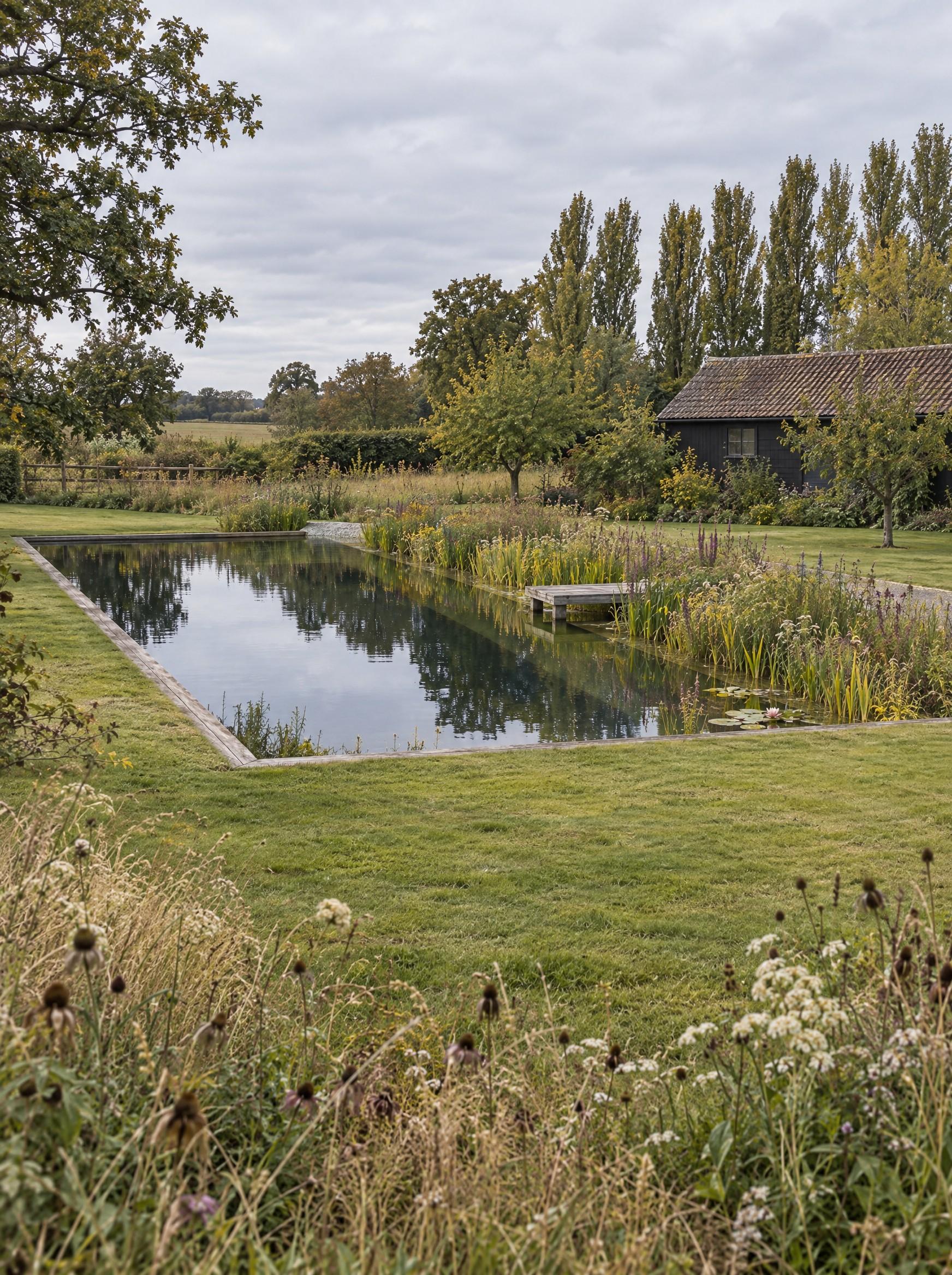 Wildlife pond edged with timber decking and native planting