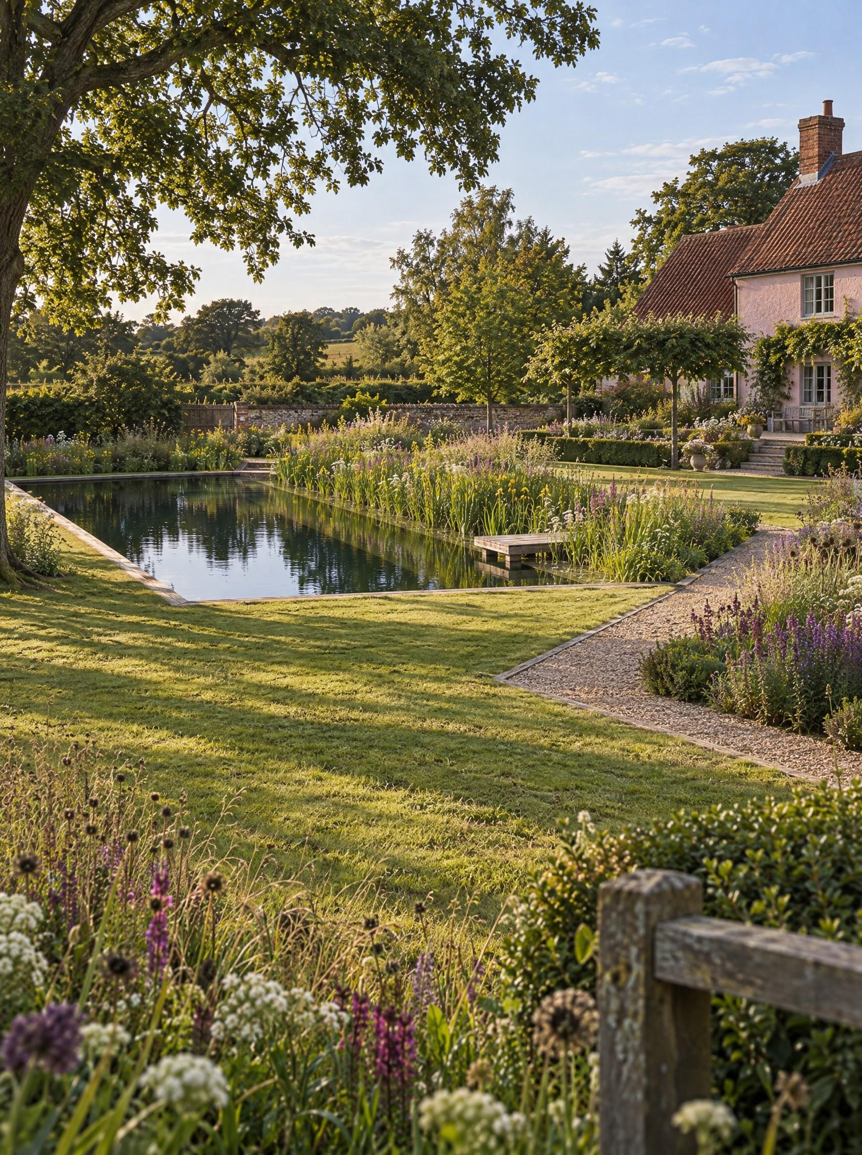 A natural swimming pool with planted edges beside a country house and garden in warm daylight