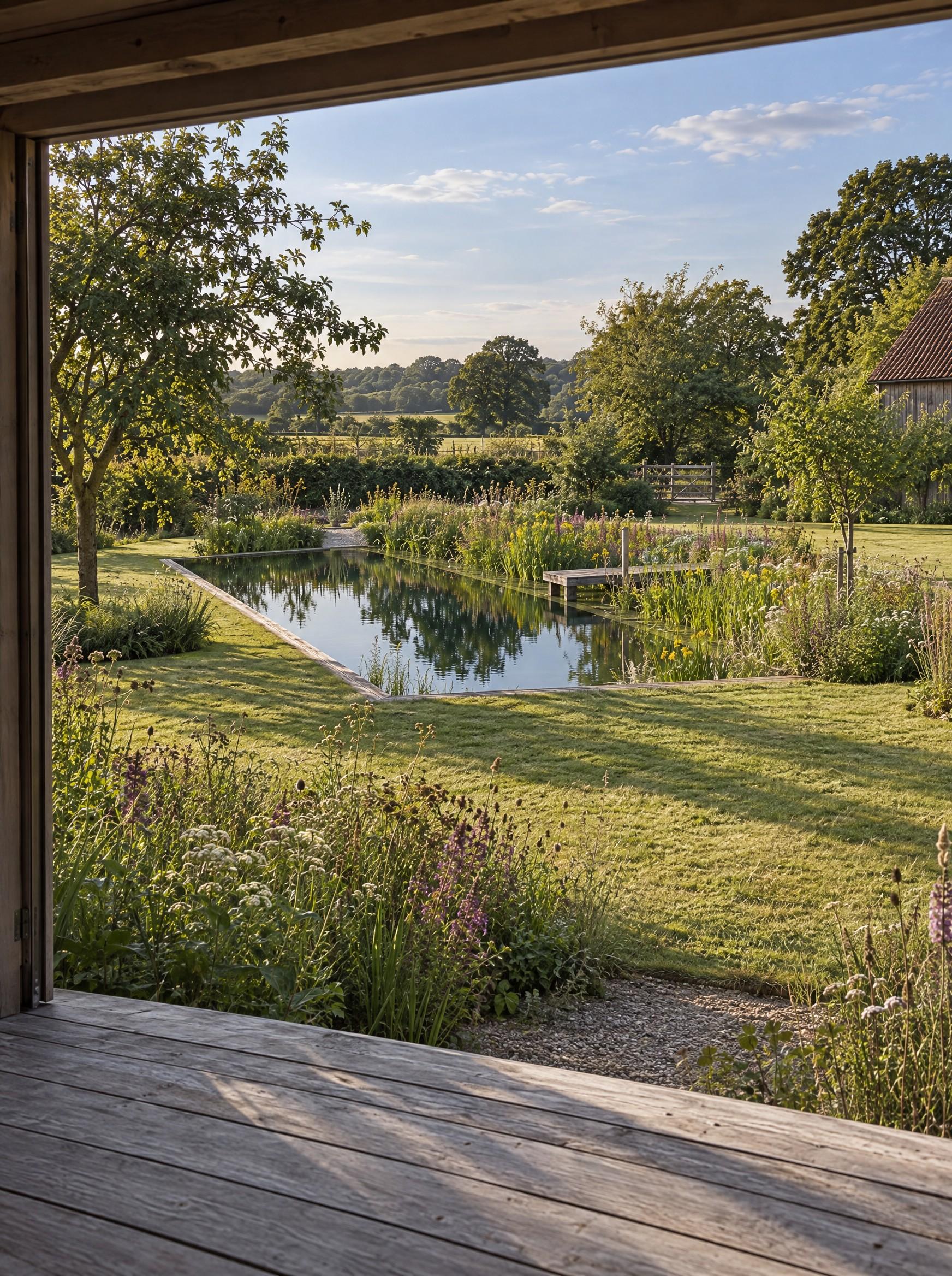 Formal swimming pool edged with stone coping