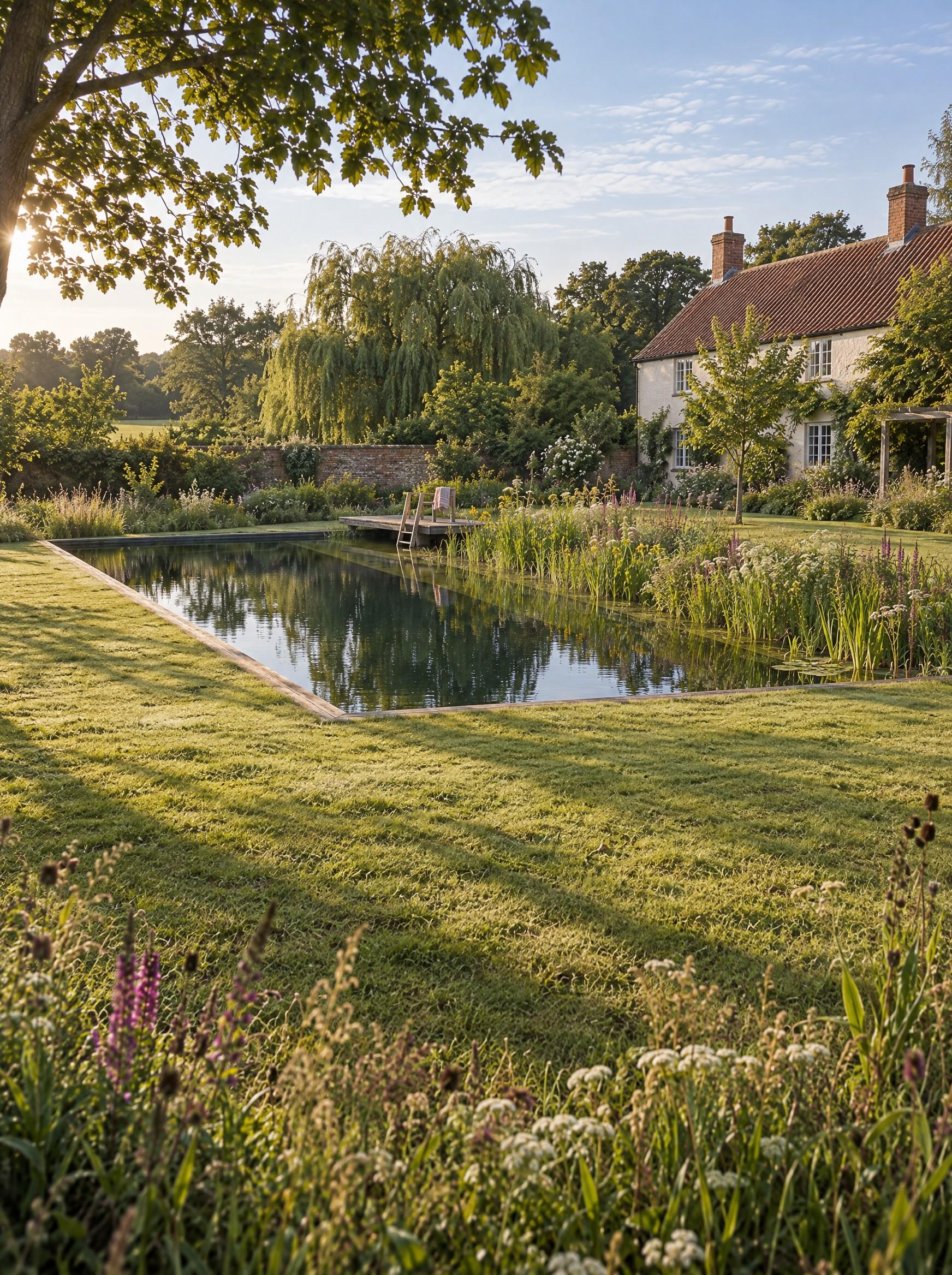 Natural pool design with a jetty beside a colour washed cottage and weeping willow in morning sun