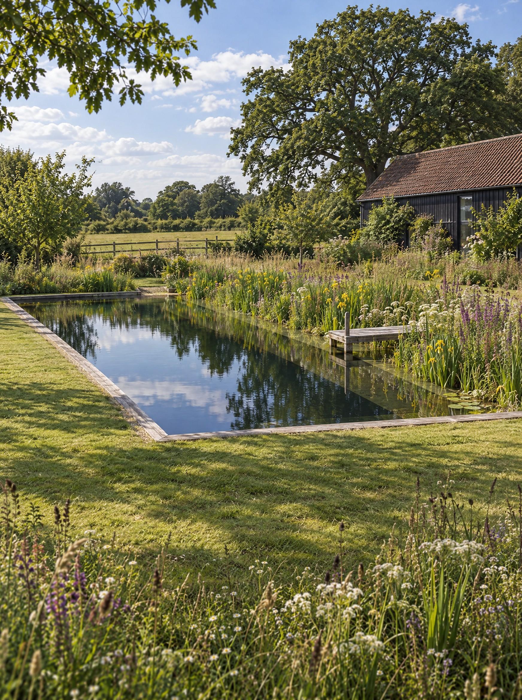 Natural pool design beside a black timber barn, with post and rail fencing and open fields beyond
