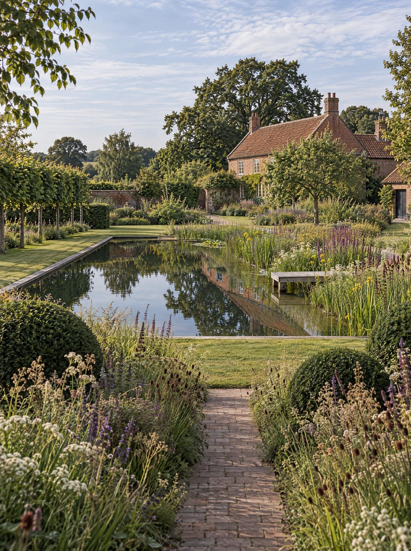 Natural pool design reached by a brick path through box and perennials, with a farmhouse beyond