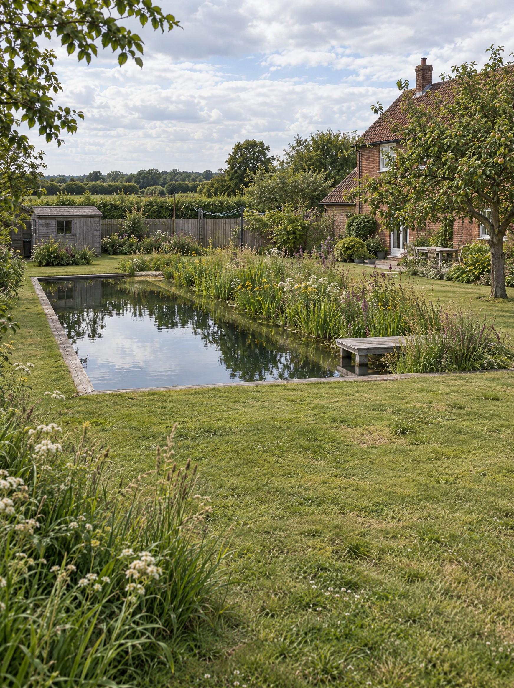 Natural swimming pond with planted edges beside a gravel path in an English garden