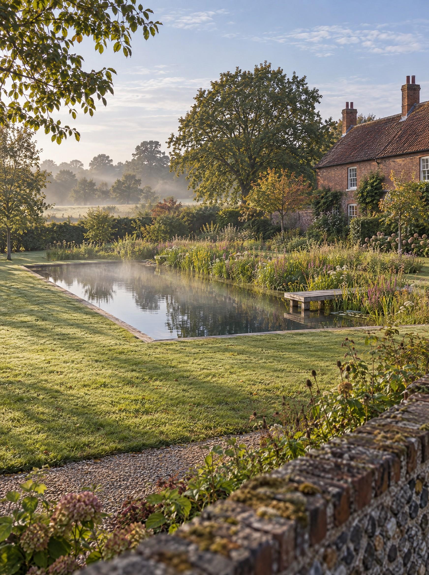 Natural pool design with a jetty in morning mist beside a flint wall and red brick house
