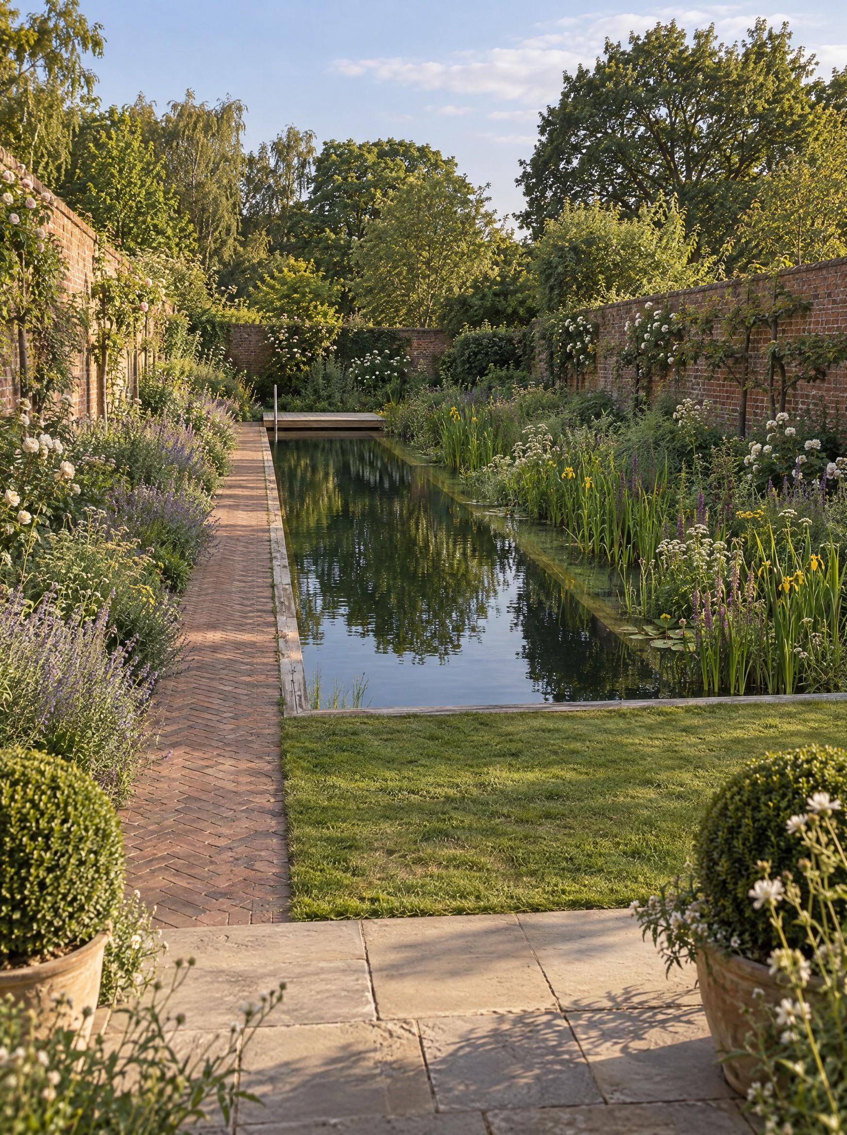 Pool design inspiration showing a long swimming area between brick garden walls and planted borders