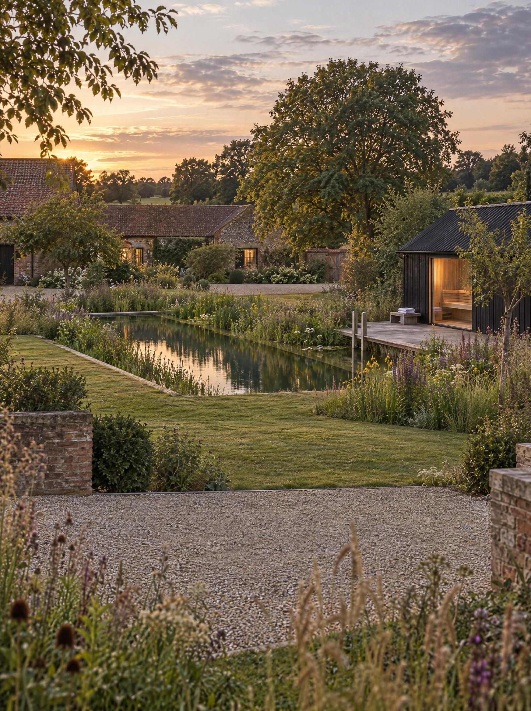 Formal swimming pool edged with stone coping