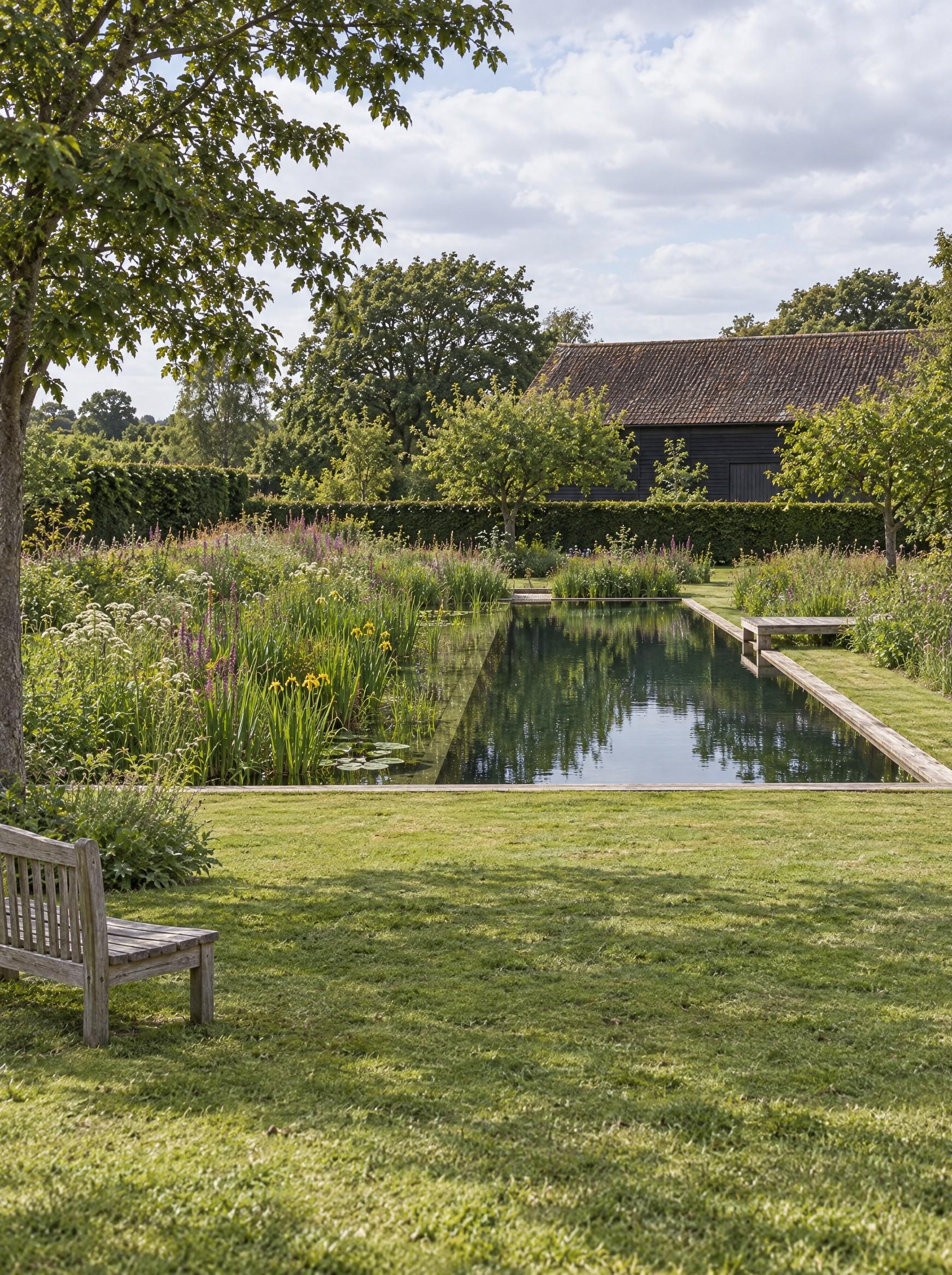 Rectangular swimming area beside dense marginal planting, with lawn and a dark timber barn beyond