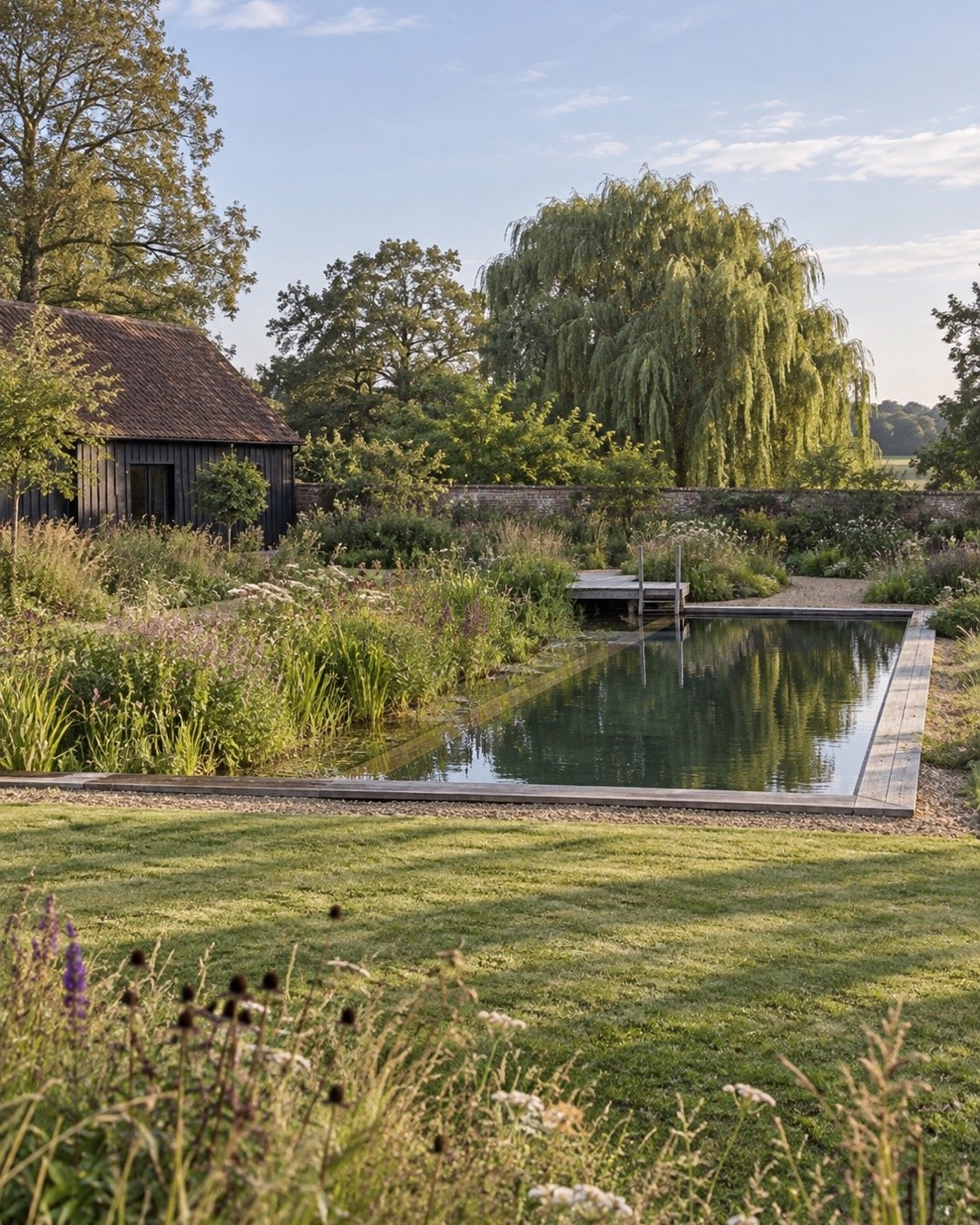 Pool design inspiration with planted margins, a timber garden building and a willow tree