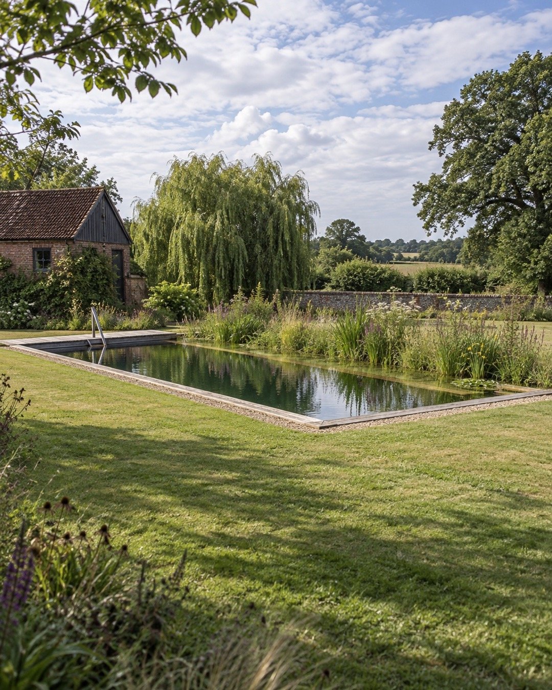 Rectangular natural pool with a separate planted margin, lawn and willow tree beside a brick outbuilding