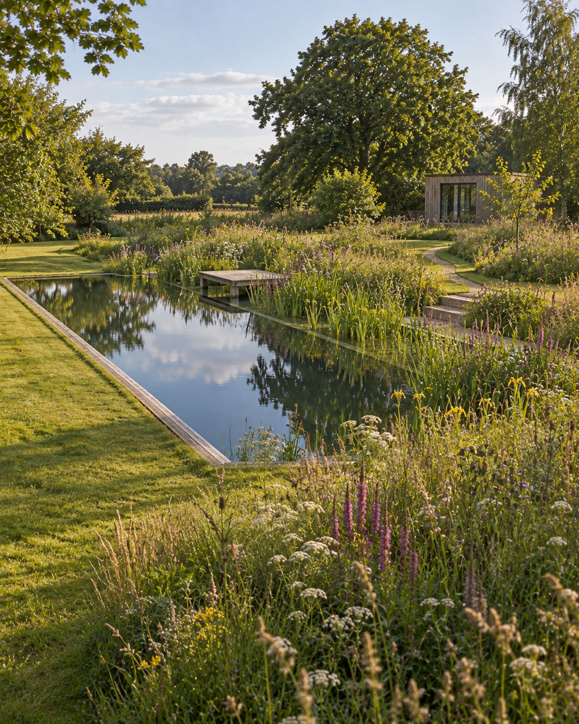Illustrative natural pool with a timber jetty and dense planted margins in an English country garden