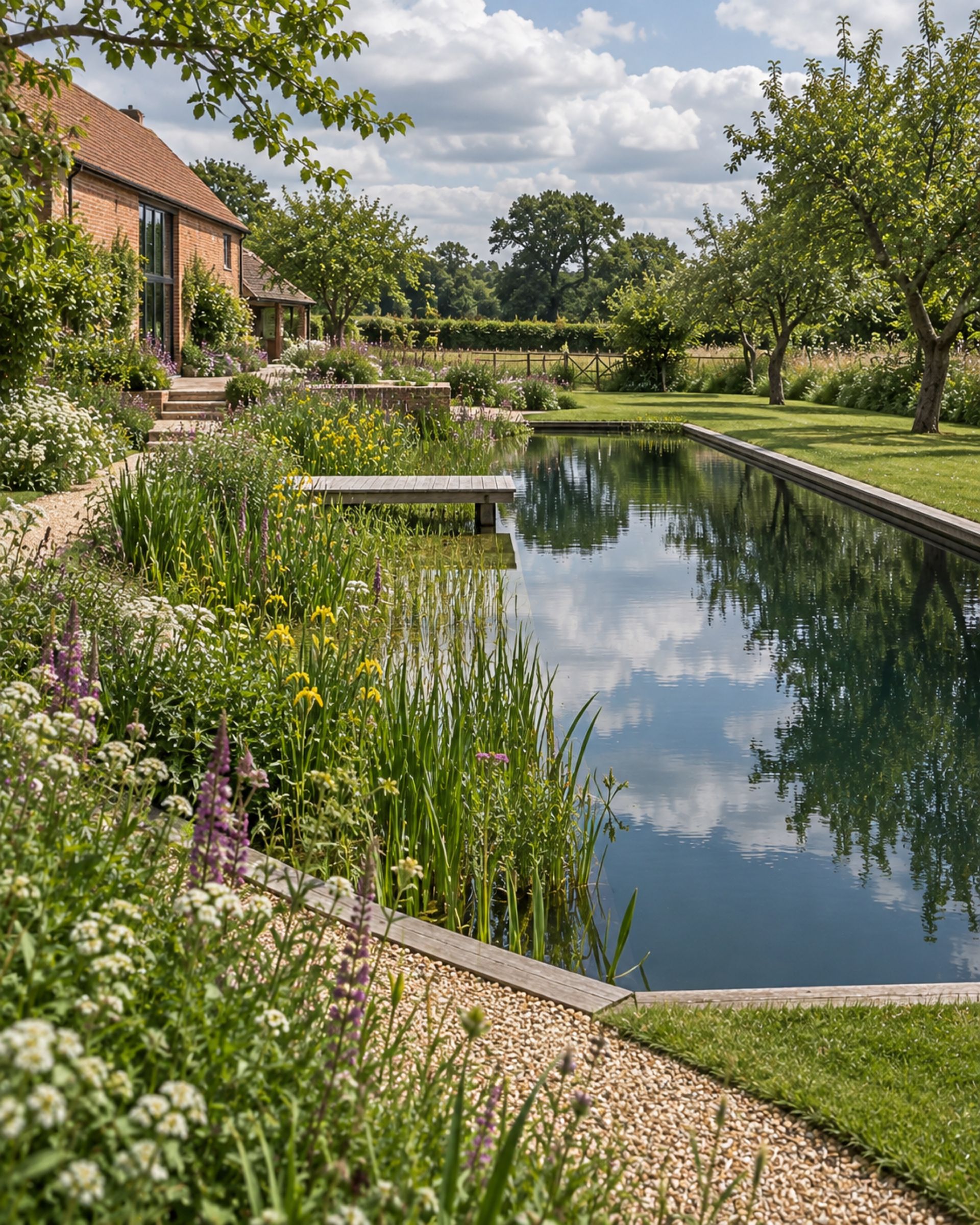 Rectangular natural pool beside a brick house, with a planted margin and timber jetty