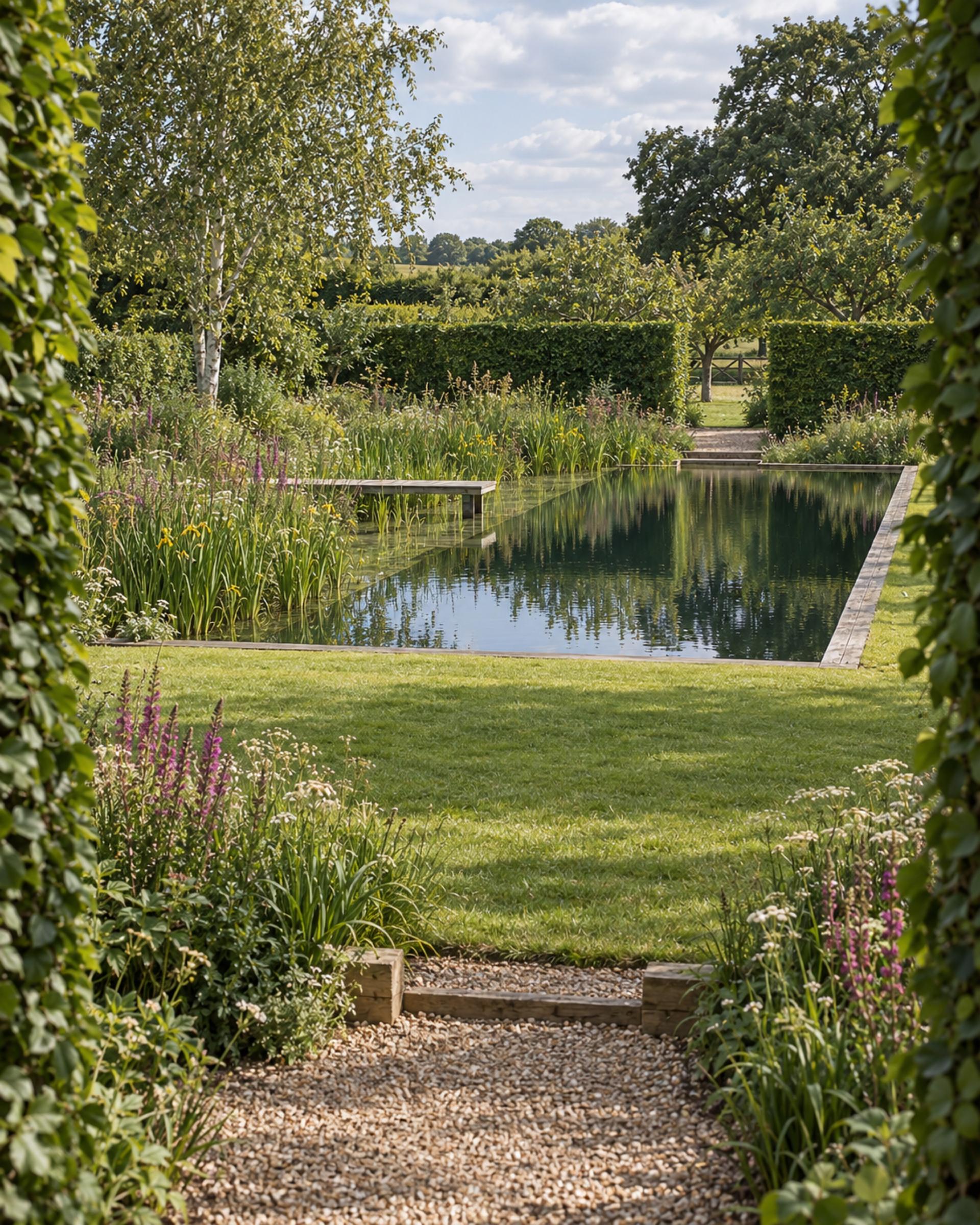Formal natural pool with pale stone coping, reed margins and clear turquoise water