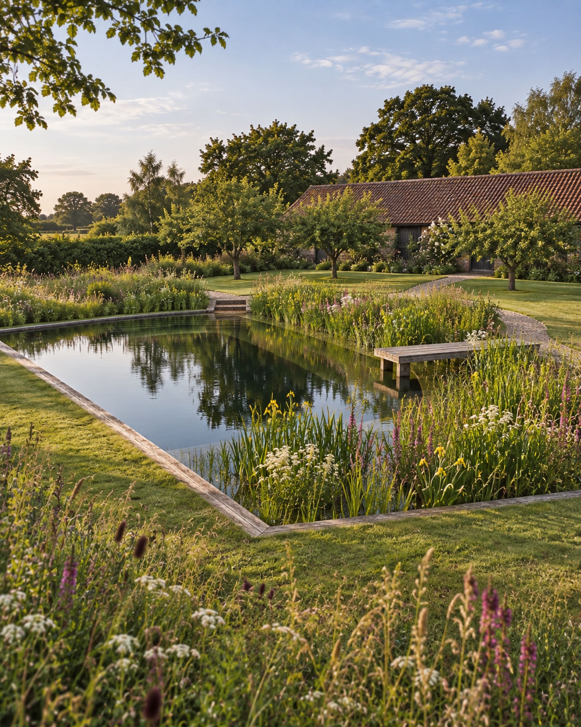 Planted natural pond with a gravel path leading towards a manor house