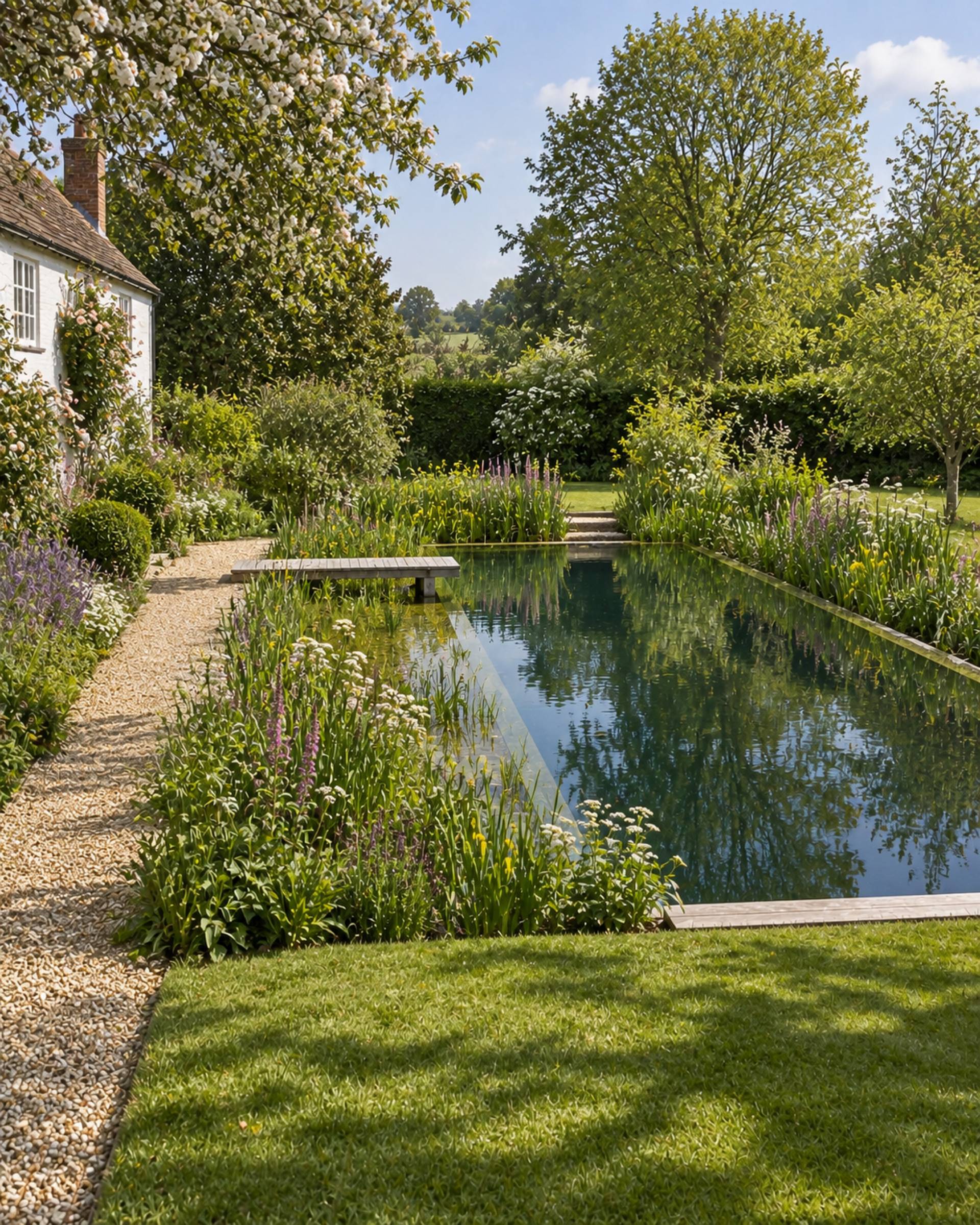 Long formal natural pool on a misty morning, with the house and hedging mirrored in the water