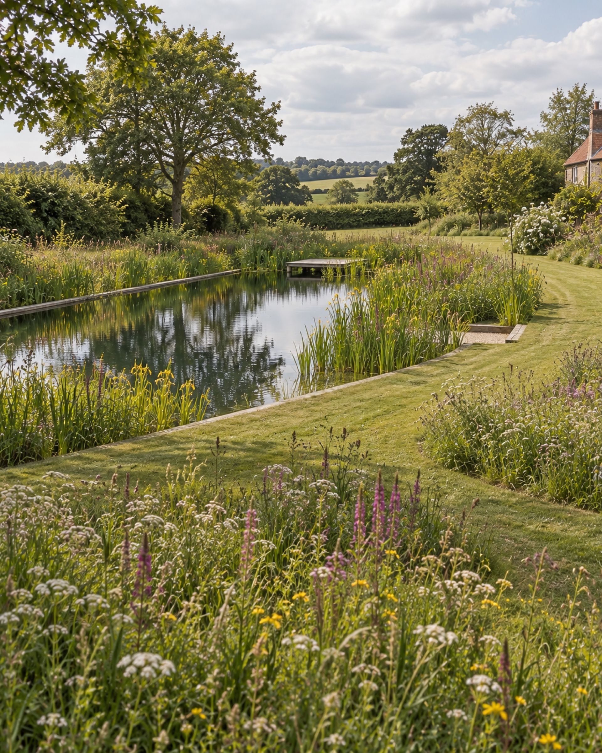 Yellow flag irises and stepping stones at the edge of a wildlife pond