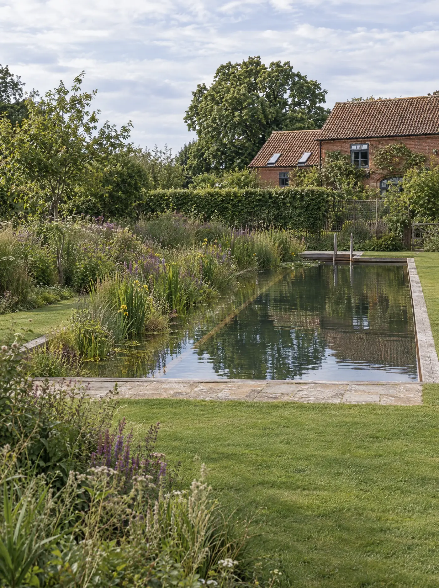 Natural pool design inspiration with a defined swimming area and planted margins