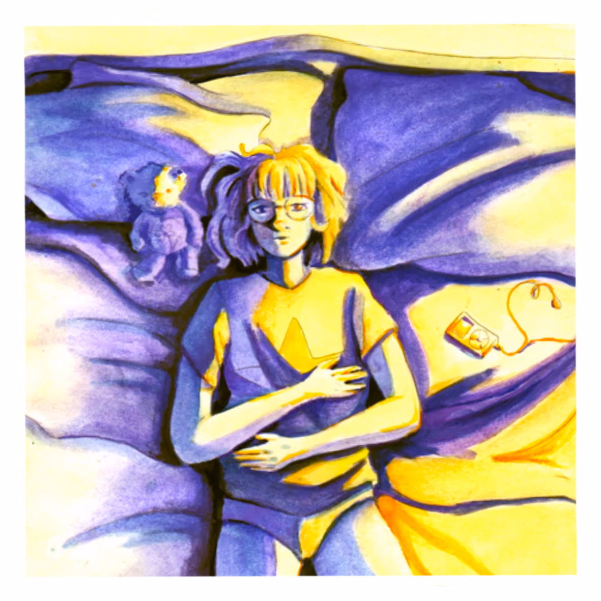 Illustrazione realizzata con gouache. La protagonista è una ragazza distesa sul letto, mentre guarda nel vuoto.