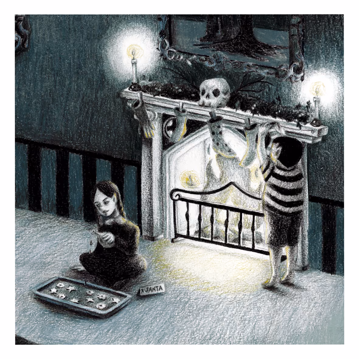Illustrazione dedicata alla famiglia Addams durante il periodo natalizio. Realizzata con matite colorate.