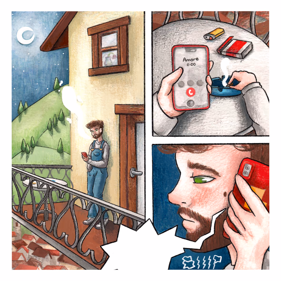 Fumetto realizzato con acquarello e matite colorate, dedicato alla canzone Occhi Grigi di Fulminacci.