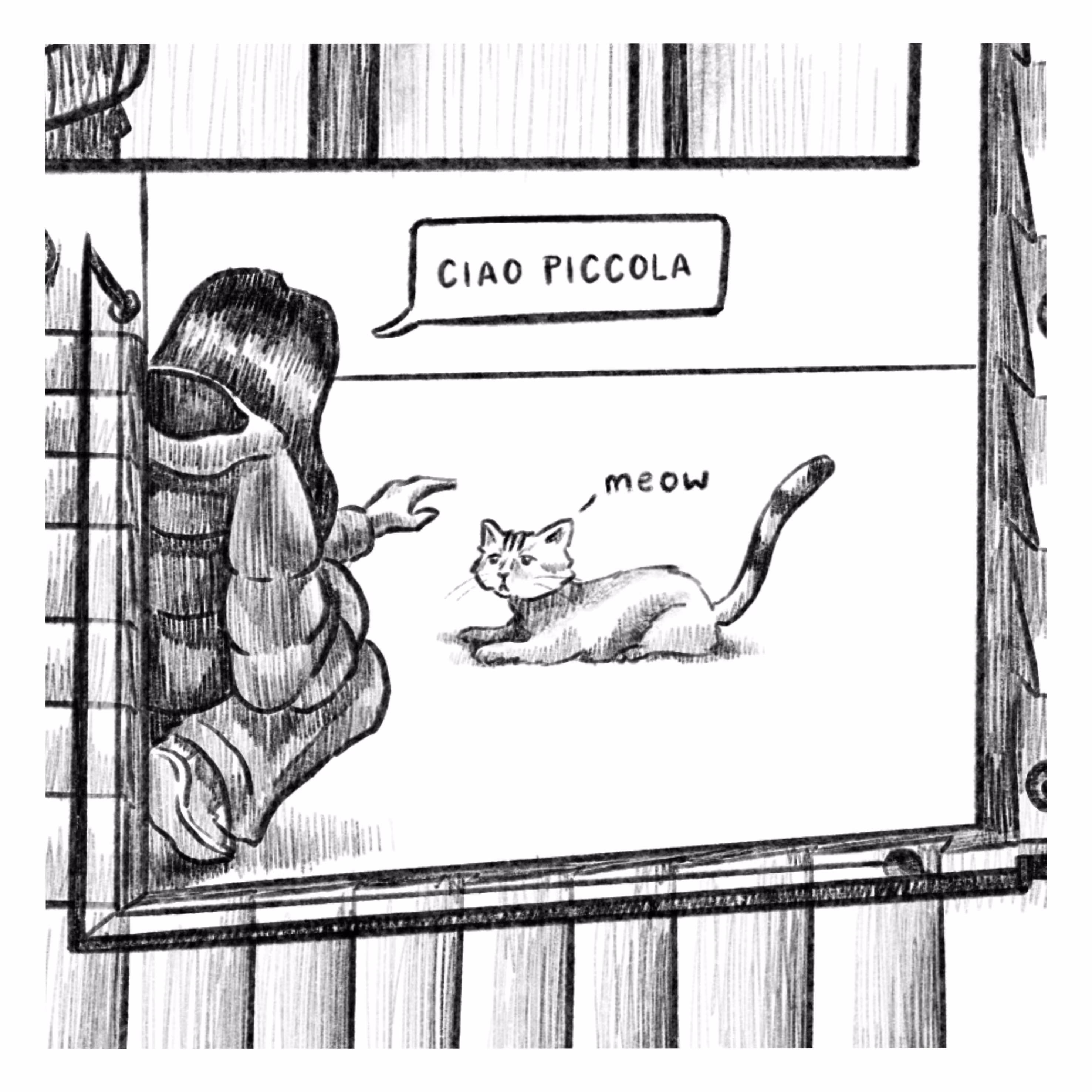 Fumetto realizzato in digitale. Rappresenta una ragazza che scendendo le scale mentre esce dal suo appartamento, vede una gattina e si ferma ad accarezzarla. 