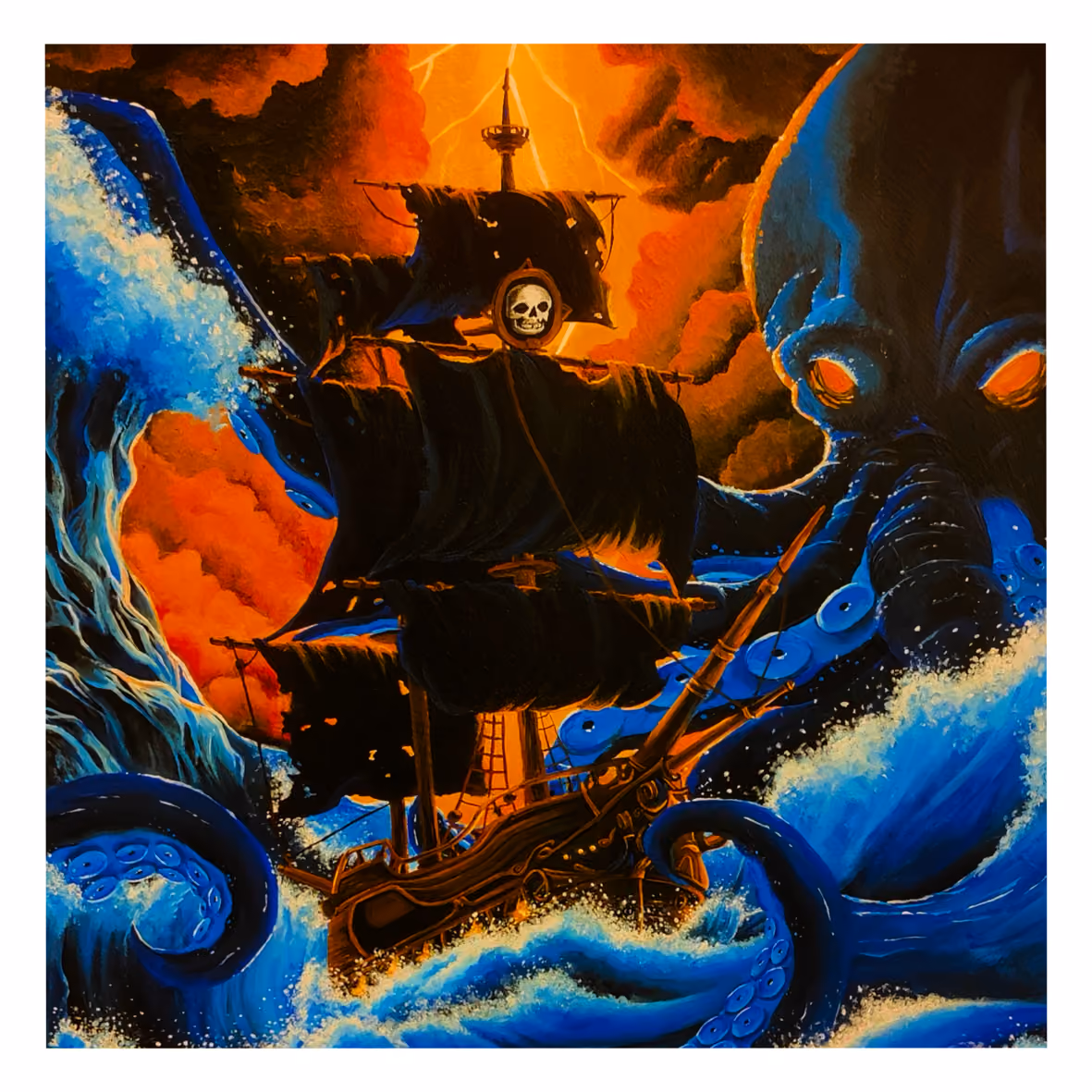 Commissione realizzata con acrilico su tela, per un'appassionata di pirati. Rappresenta un kraken che attacca una nave pirata