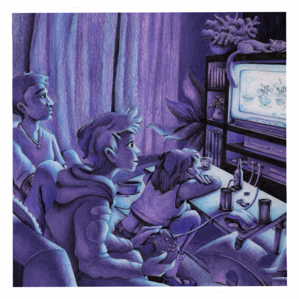 Illustrazione realizzata con matite colorate e china. Rappresenta 3 amici che giocano ai videogames.