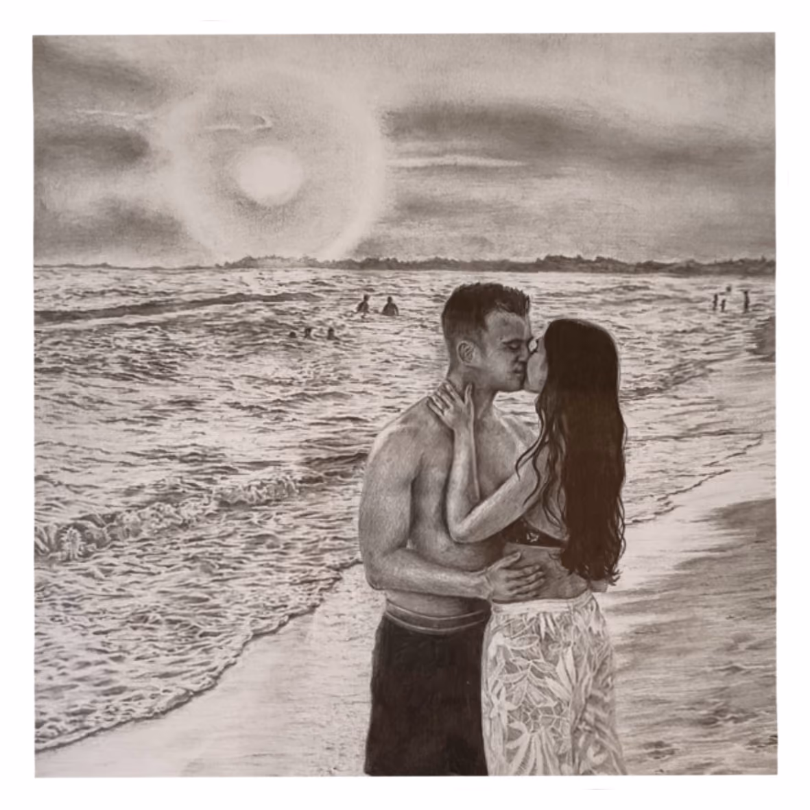 Commissione realizzata con grafite su carta. Rappresenta una coppia su una spiaggia al tramonto.