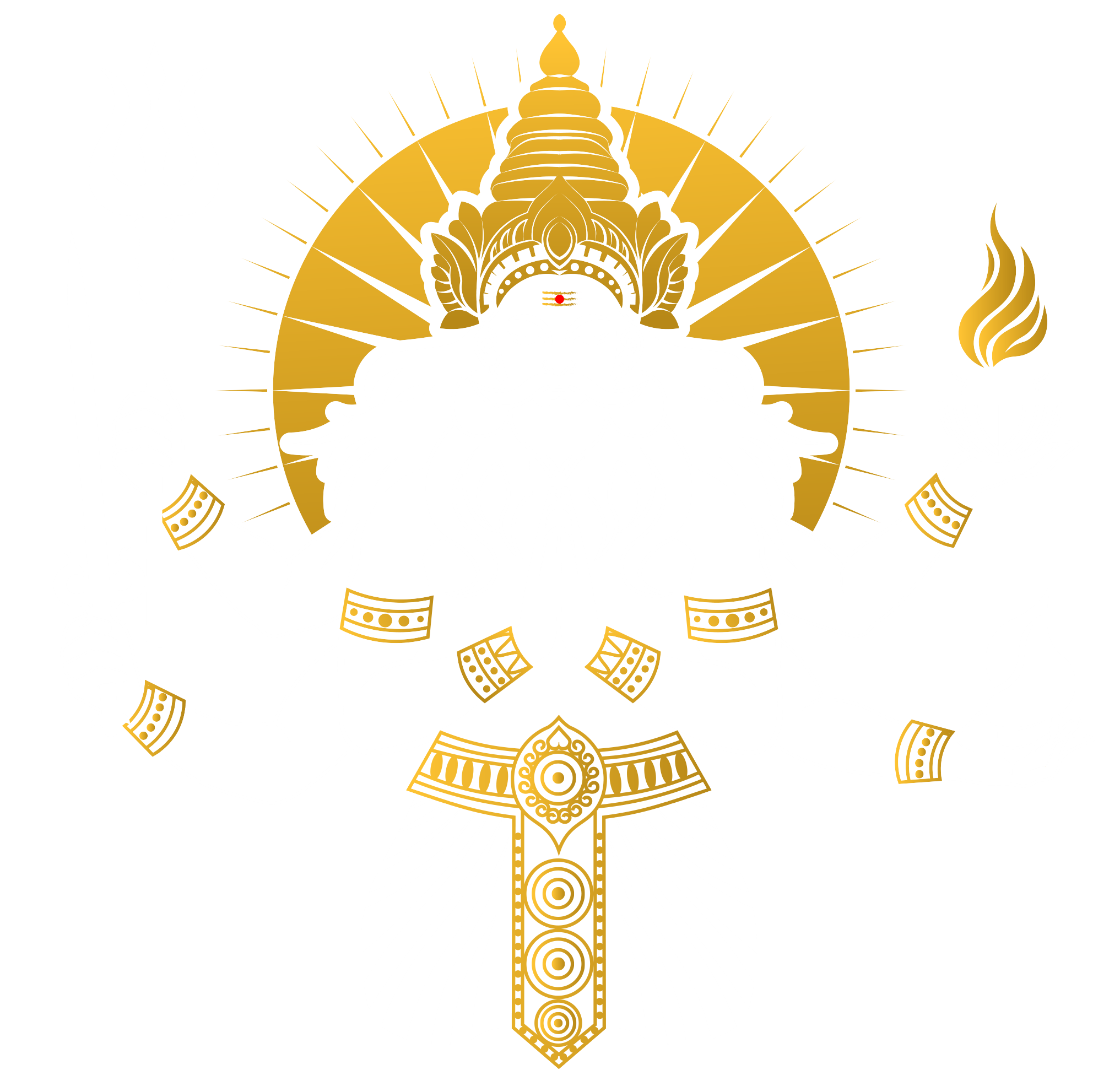 Gold stylized depiction of a crowned figure with a radiant halo and ornamental bands on a white background.