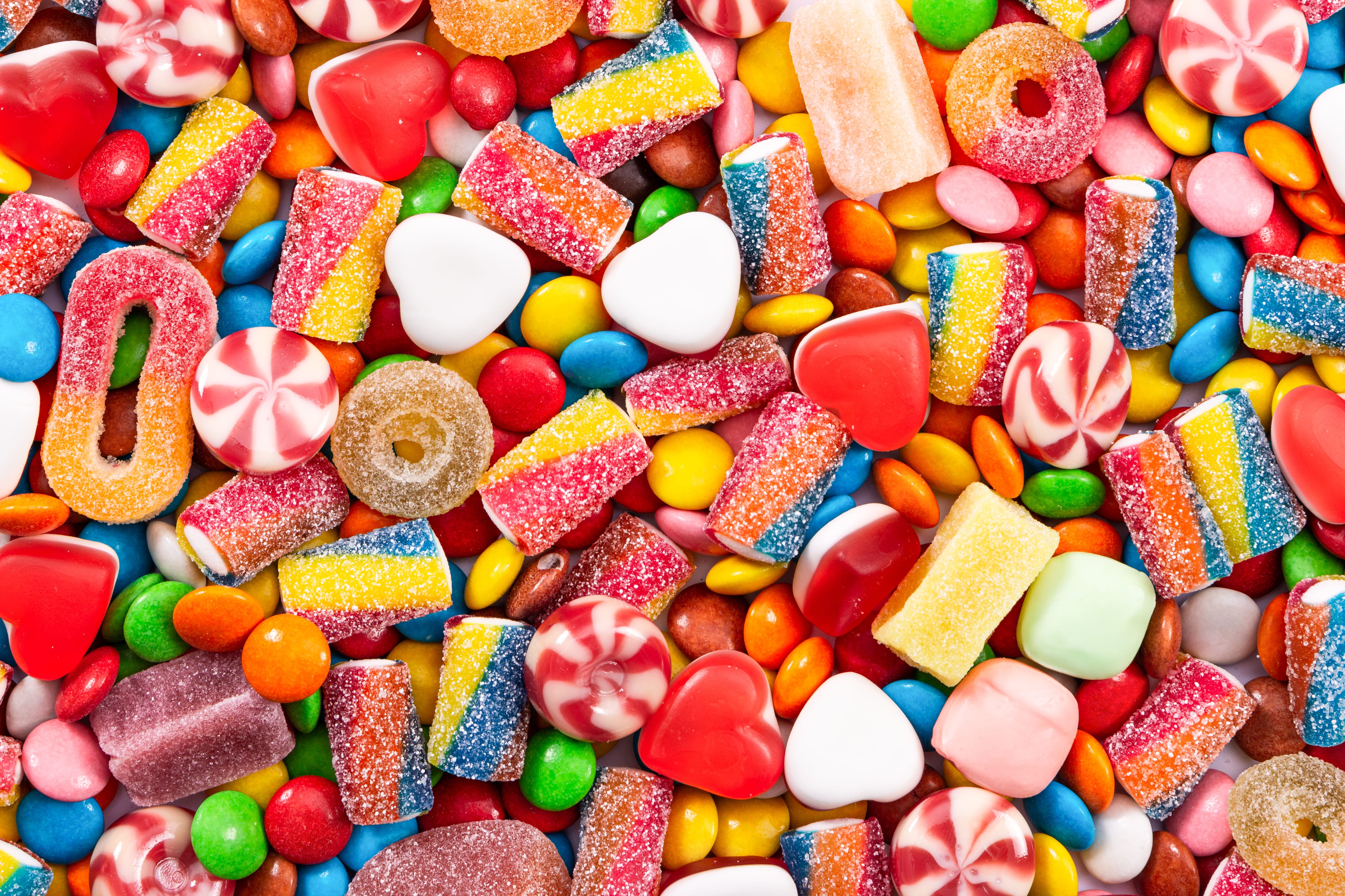 Colourful assortment of gummies, sugar-coated sweets and candy