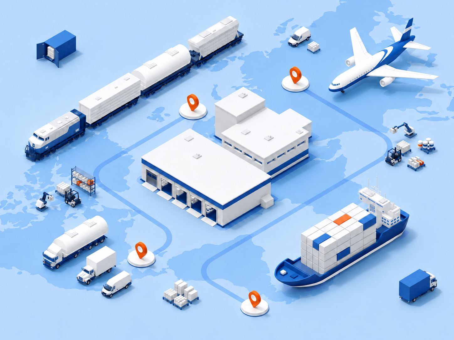 International logistics network connecting warehouse, road, rail, sea and air freight