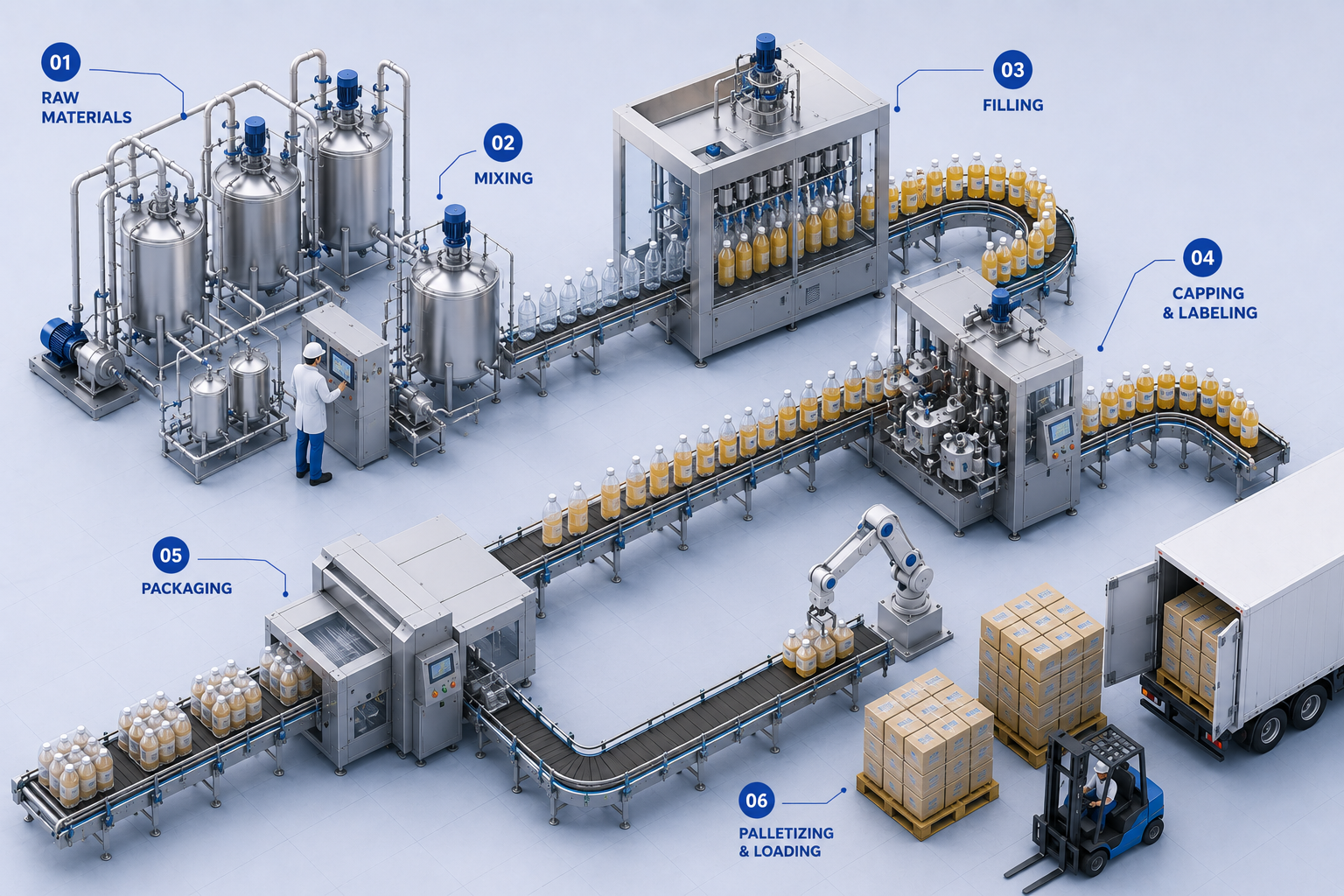 Beverage manufacturing process from raw material mixing to filling, packaging and loading