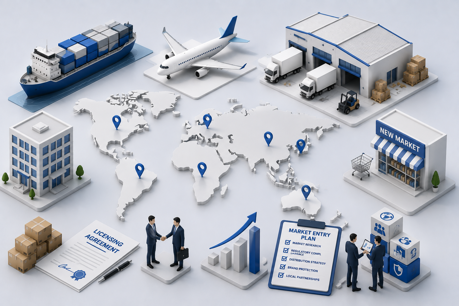 International market expansion process covering licensing, distribution and market entry planning
