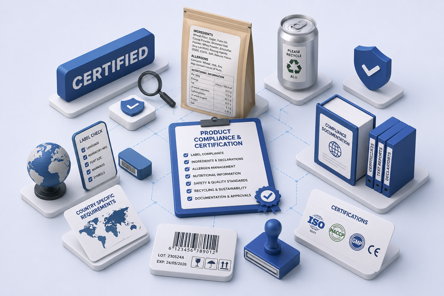 Product compliance and certification process covering labelling, documentation and market requirements