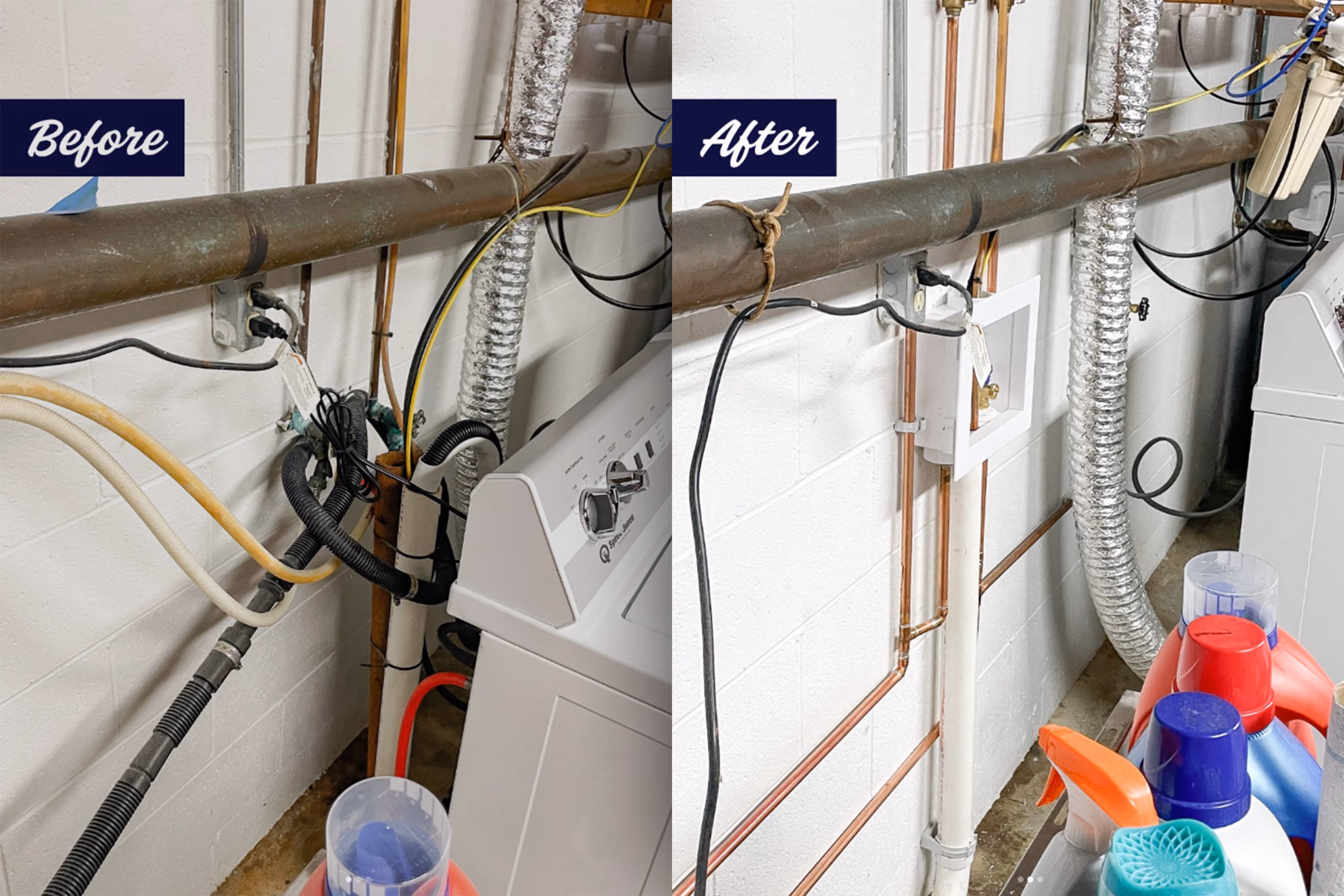 Before and after of laundry plumbing with new laundry box